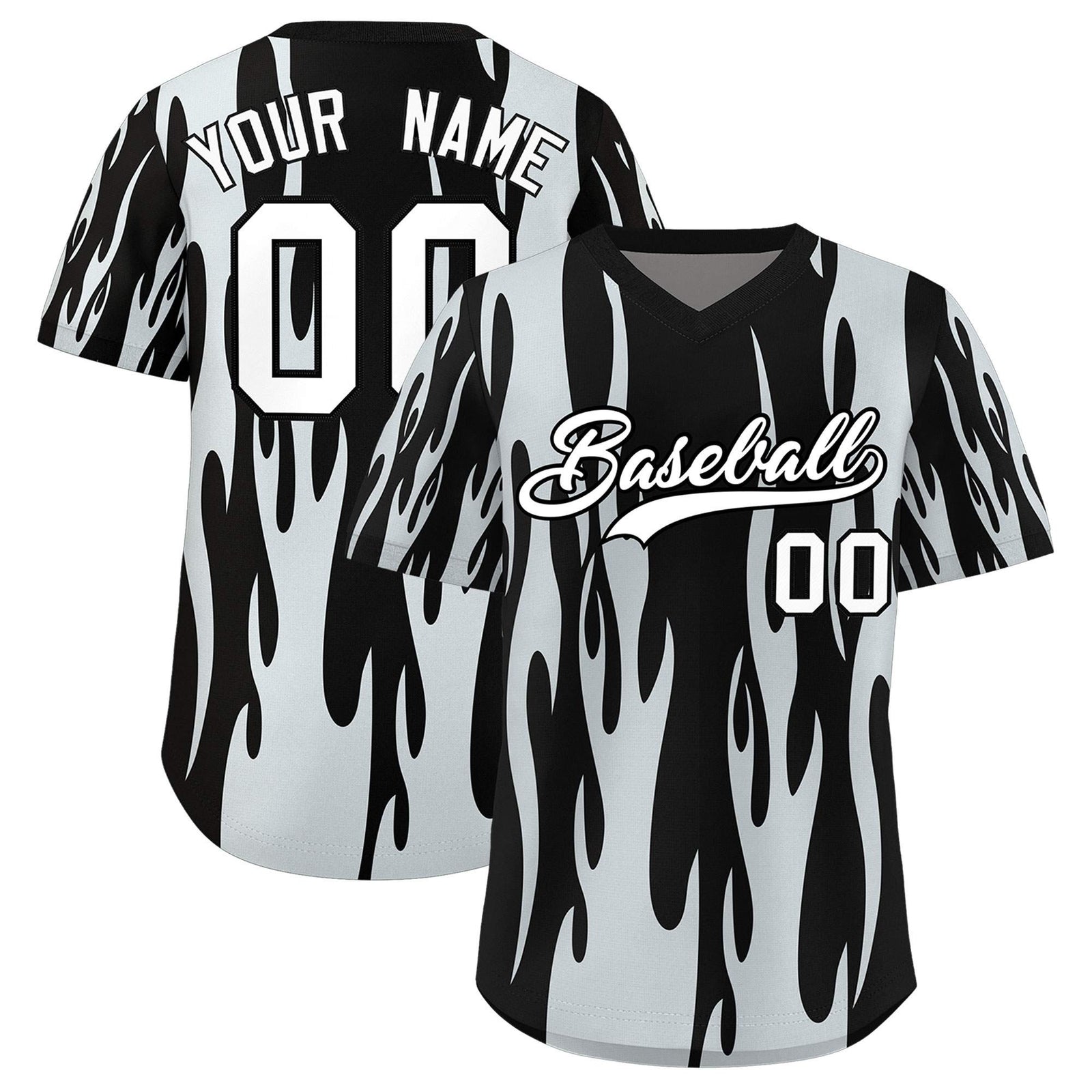Custom Black Silver Flame Pattern Authentic Pullover Baseball Jersey