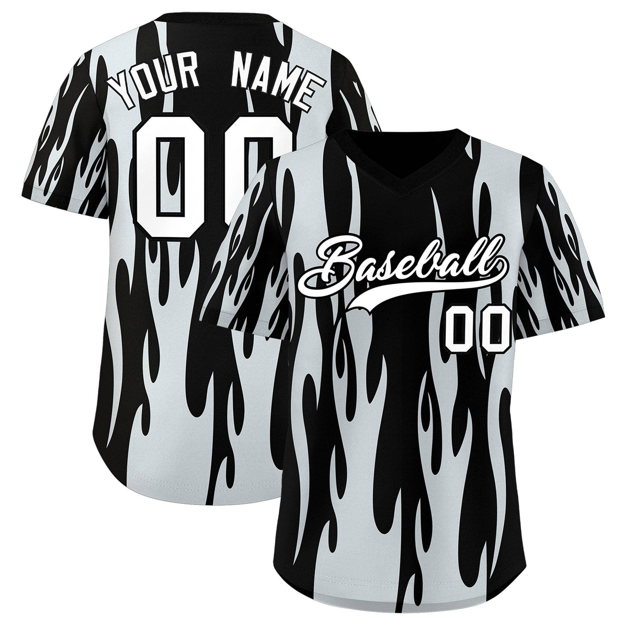 Custom Black Silver Flame Pattern Authentic Pullover Baseball Jersey