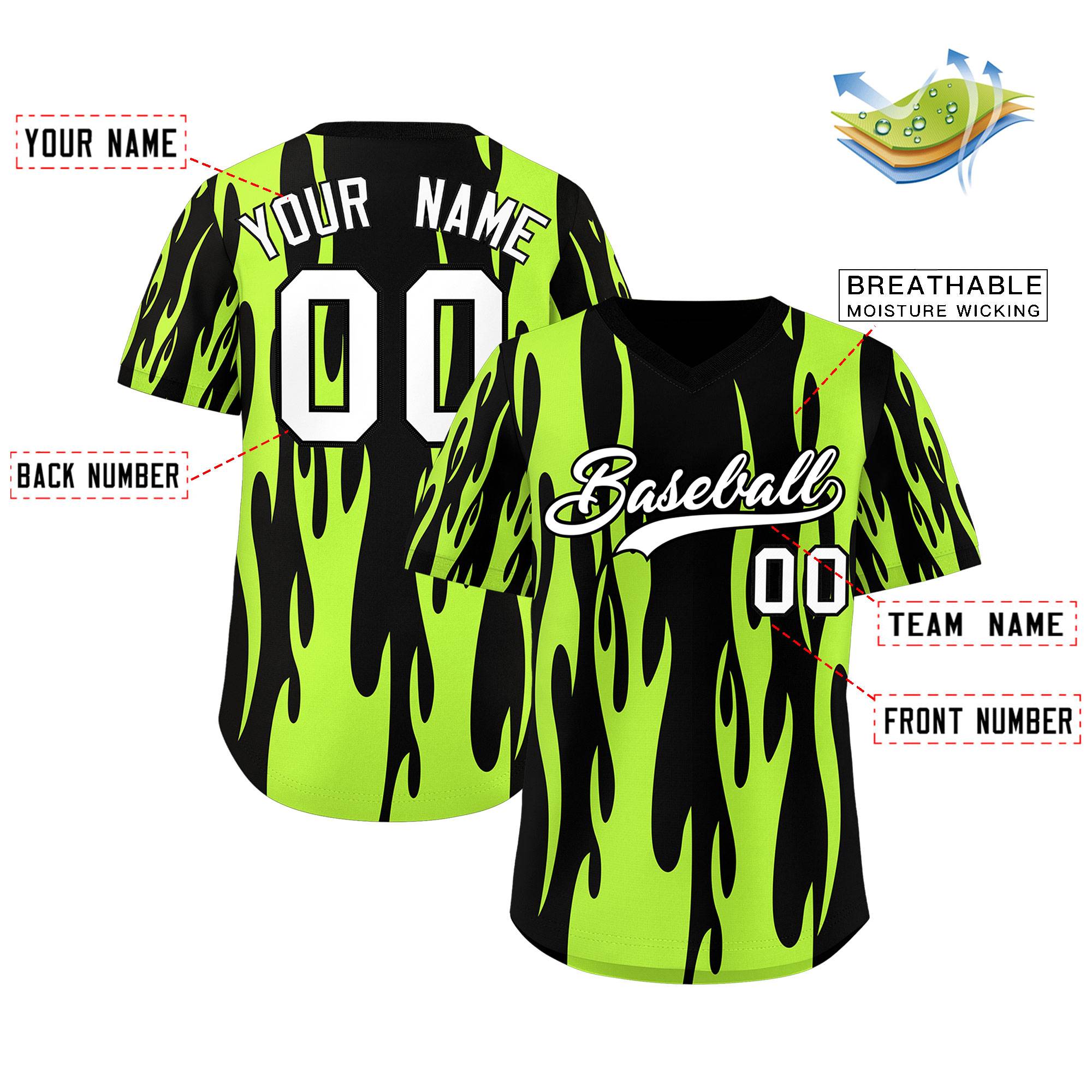Custom Black Neon Green Flame Pattern Authentic Pullover Baseball Jersey