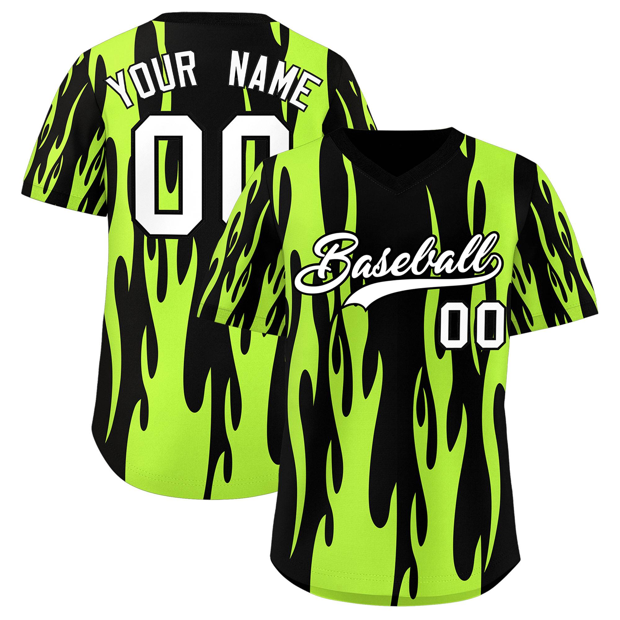 Custom Black Neon Green Flame Pattern Authentic Pullover Baseball Jersey