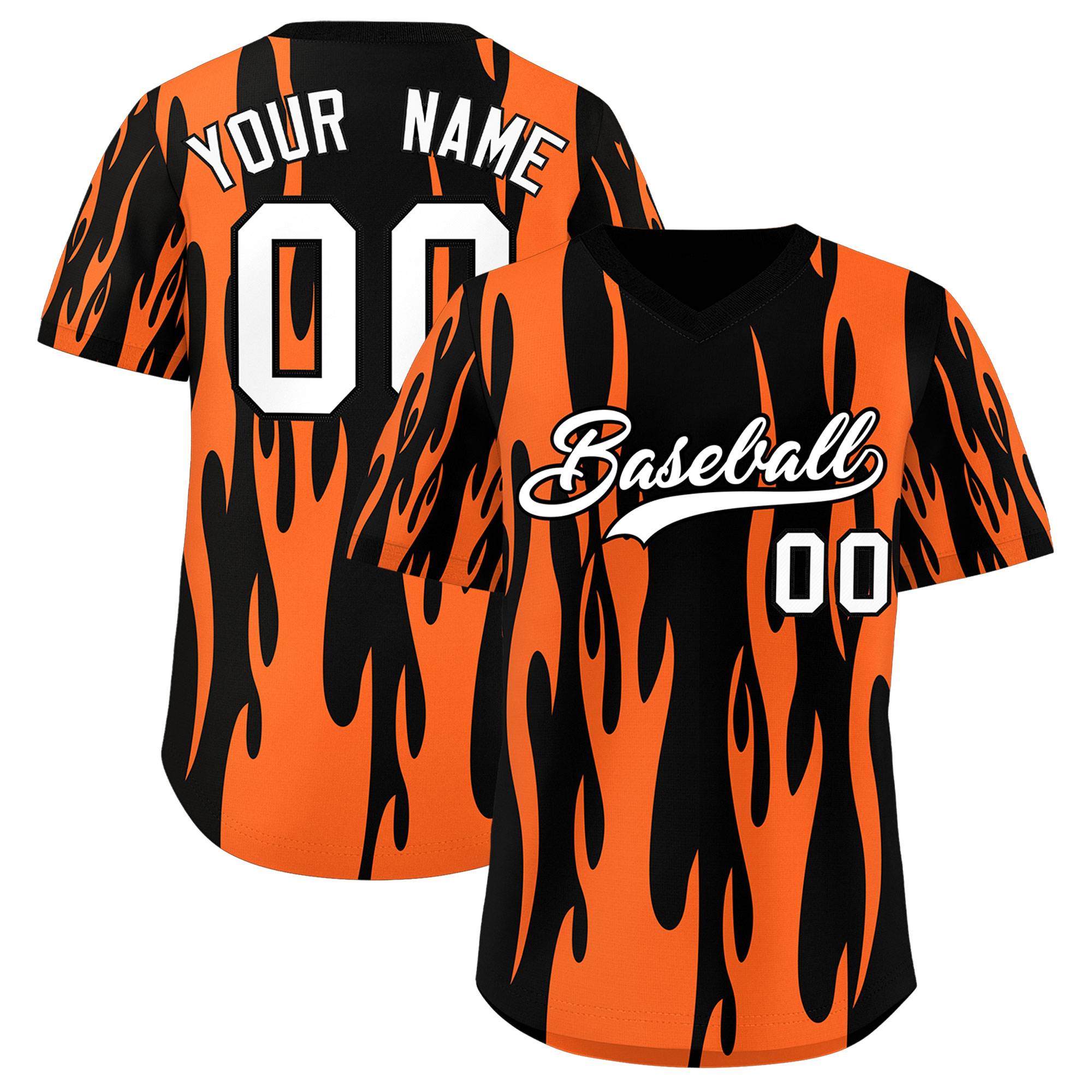 Custom Black Orange Flame Pattern Authentic Pullover Baseball Jersey