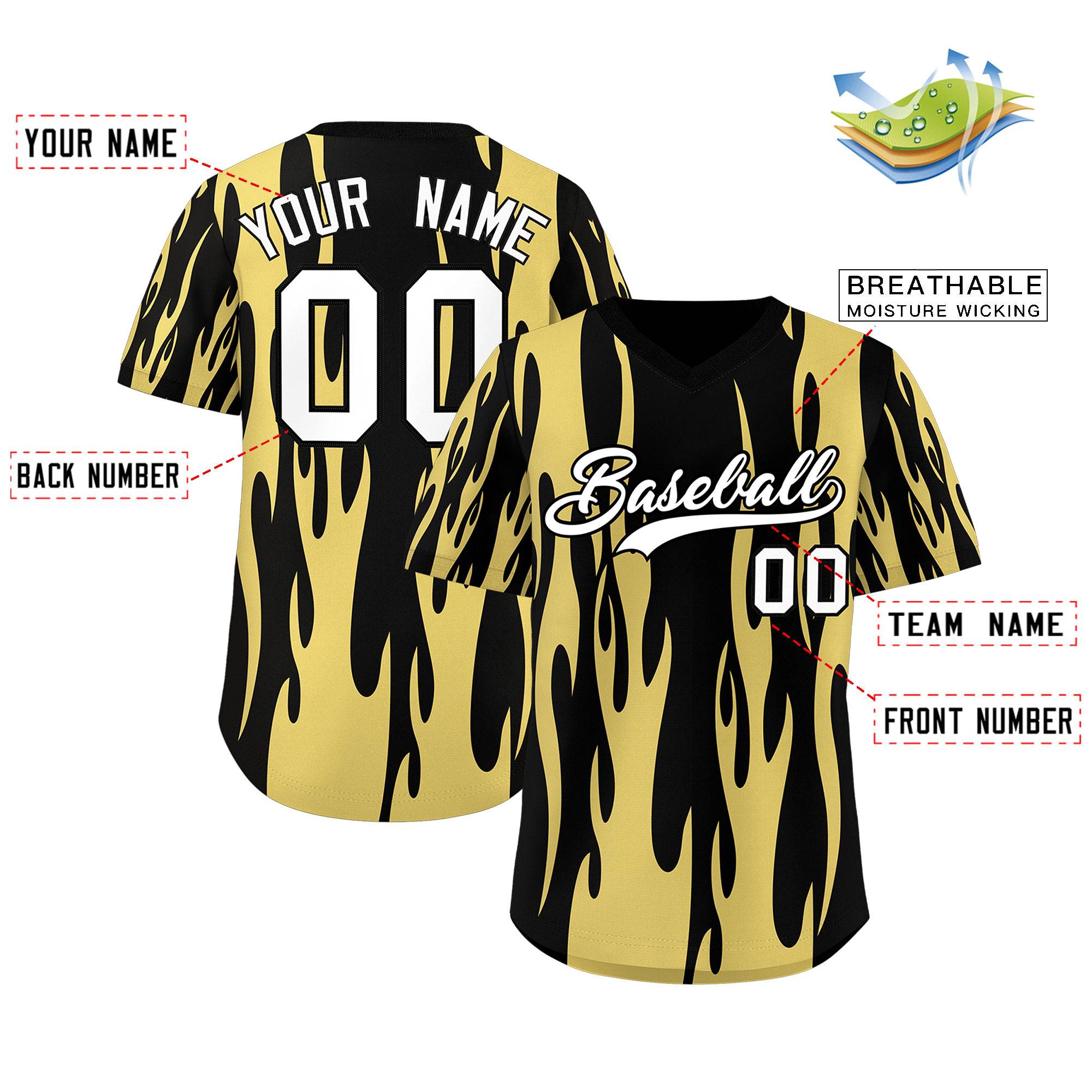 Custom Black Old Gold Flame Pattern Authentic Pullover Baseball Jersey