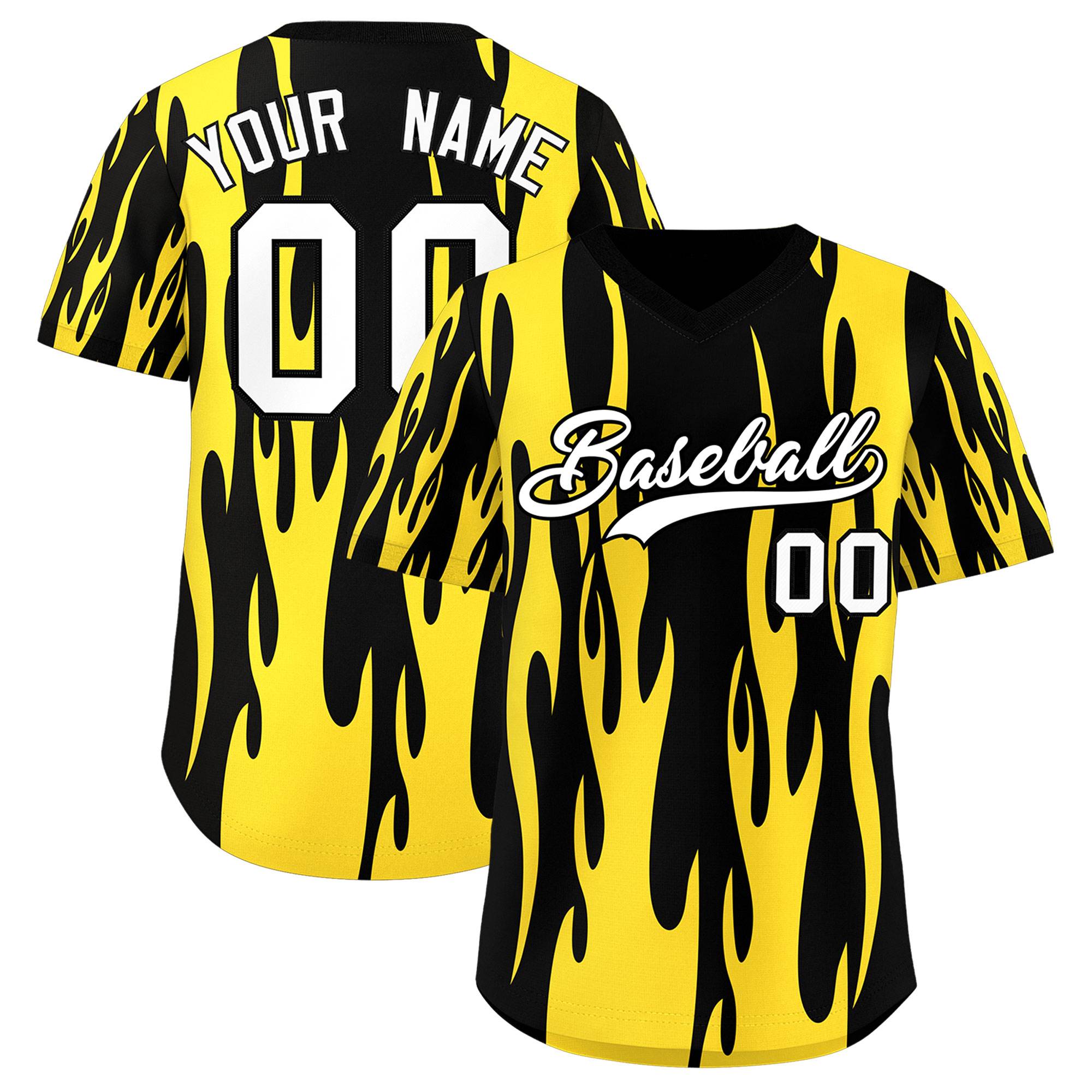 Custom Black Gold Flame Pattern Authentic Pullover Baseball Jersey
