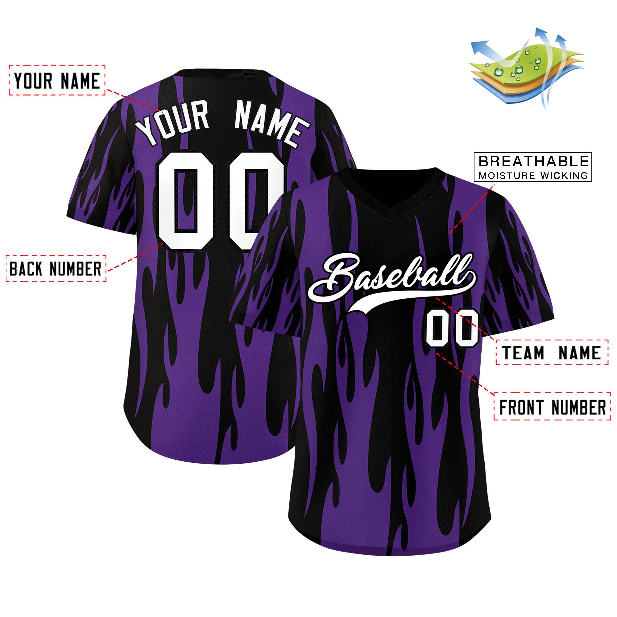 Custom Black Purple Flame Pattern Authentic Pullover Baseball Jersey