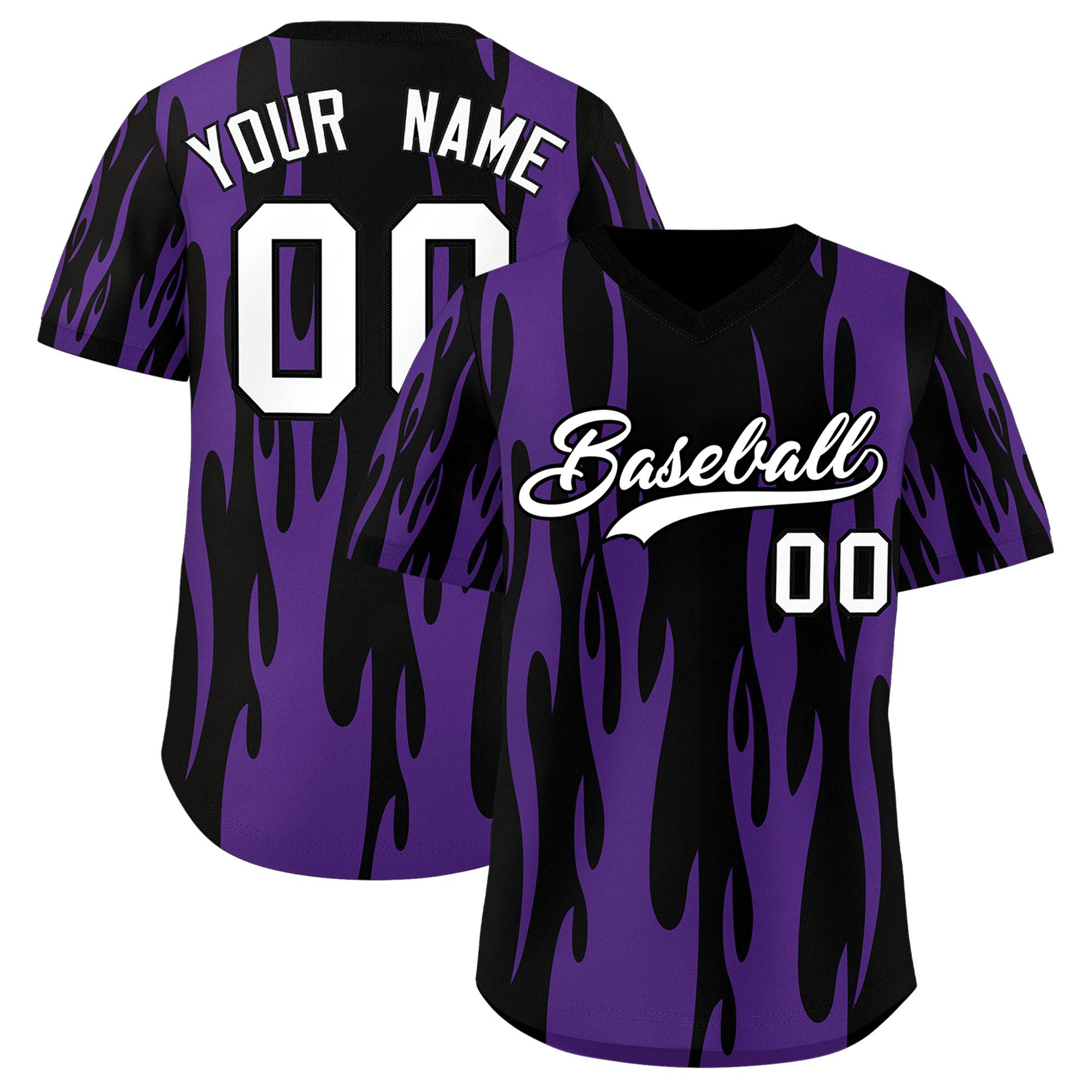 Custom Black Purple Flame Pattern Authentic Pullover Baseball Jersey