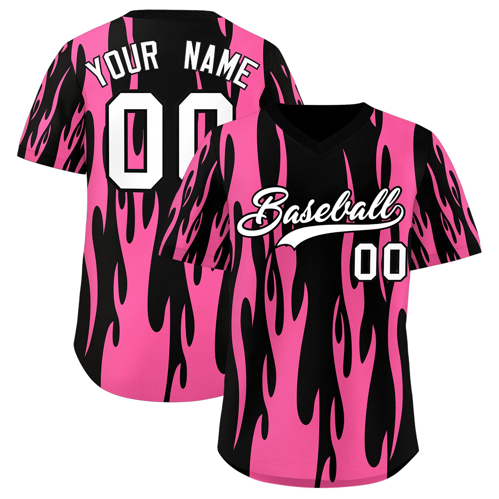 Custom Black Pink Flame Pattern Authentic Pullover Baseball Jersey