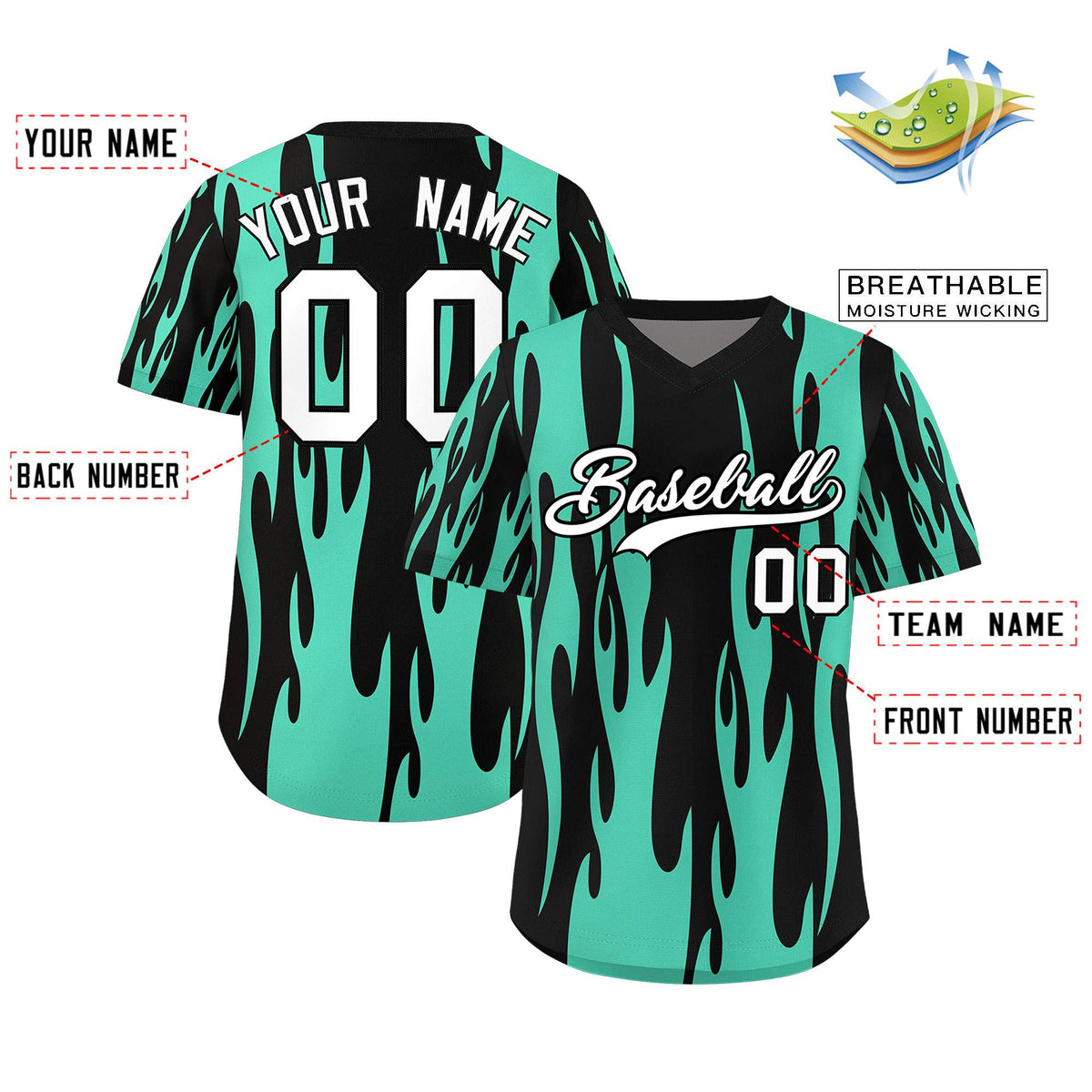 Custom Black Bright Green Flame Pattern Authentic Pullover Baseball Jersey