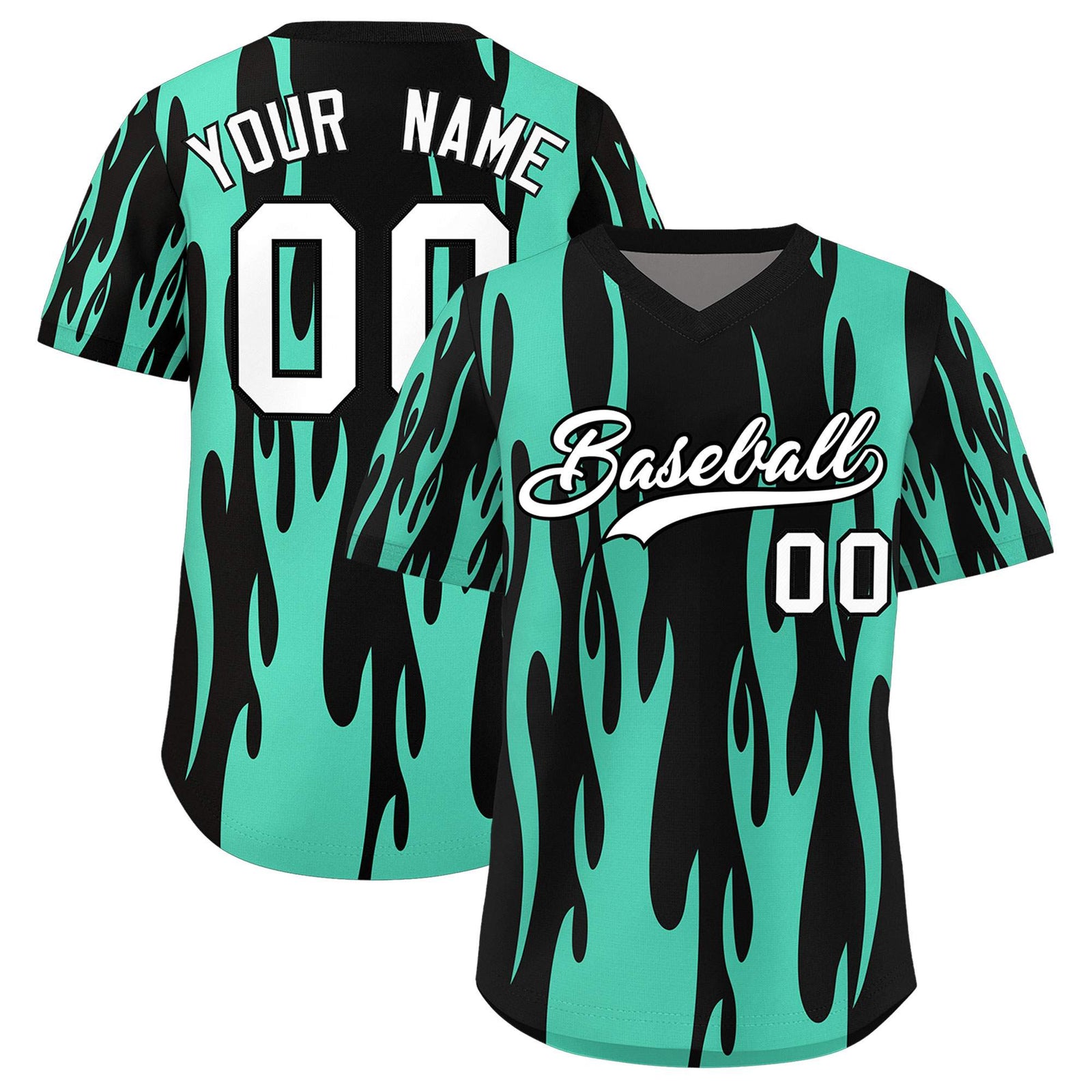 Custom Black Bright Green Flame Pattern Authentic Pullover Baseball Jersey