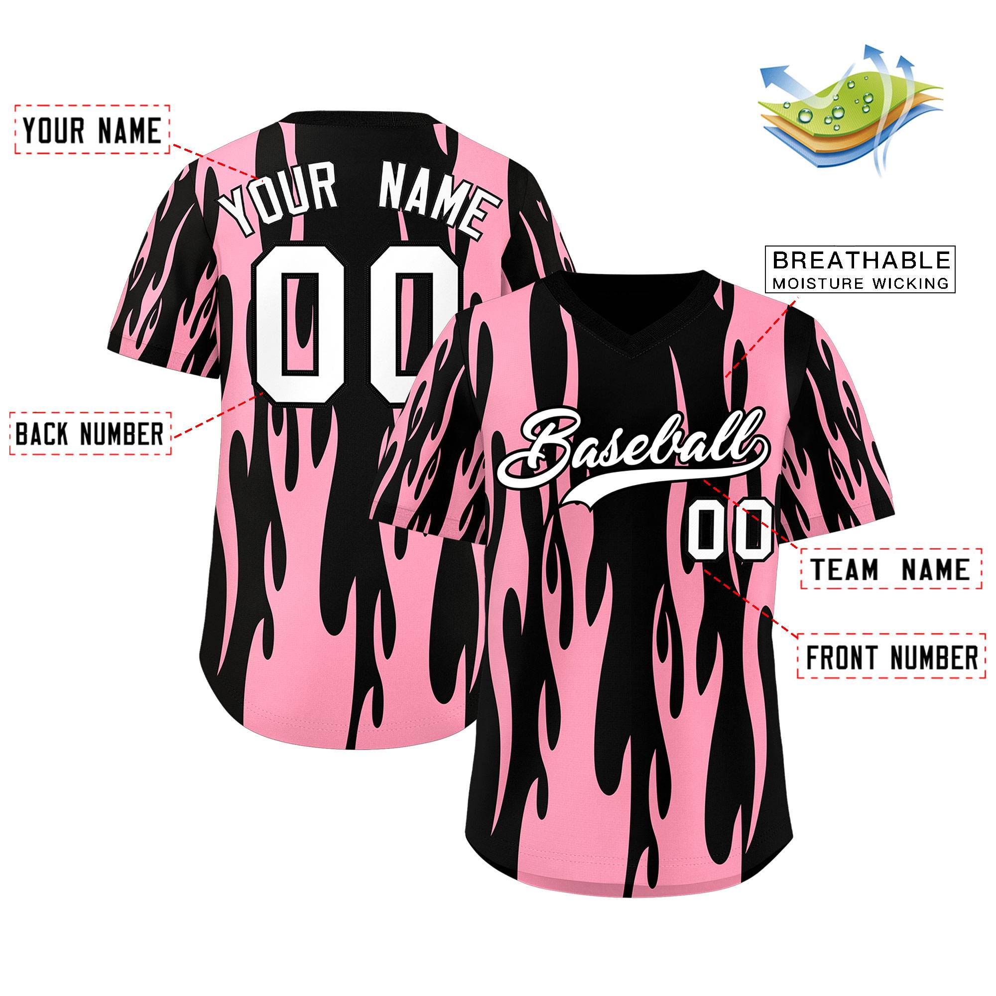 Custom Black Light Pink Flame Pattern Authentic Pullover Baseball Jersey