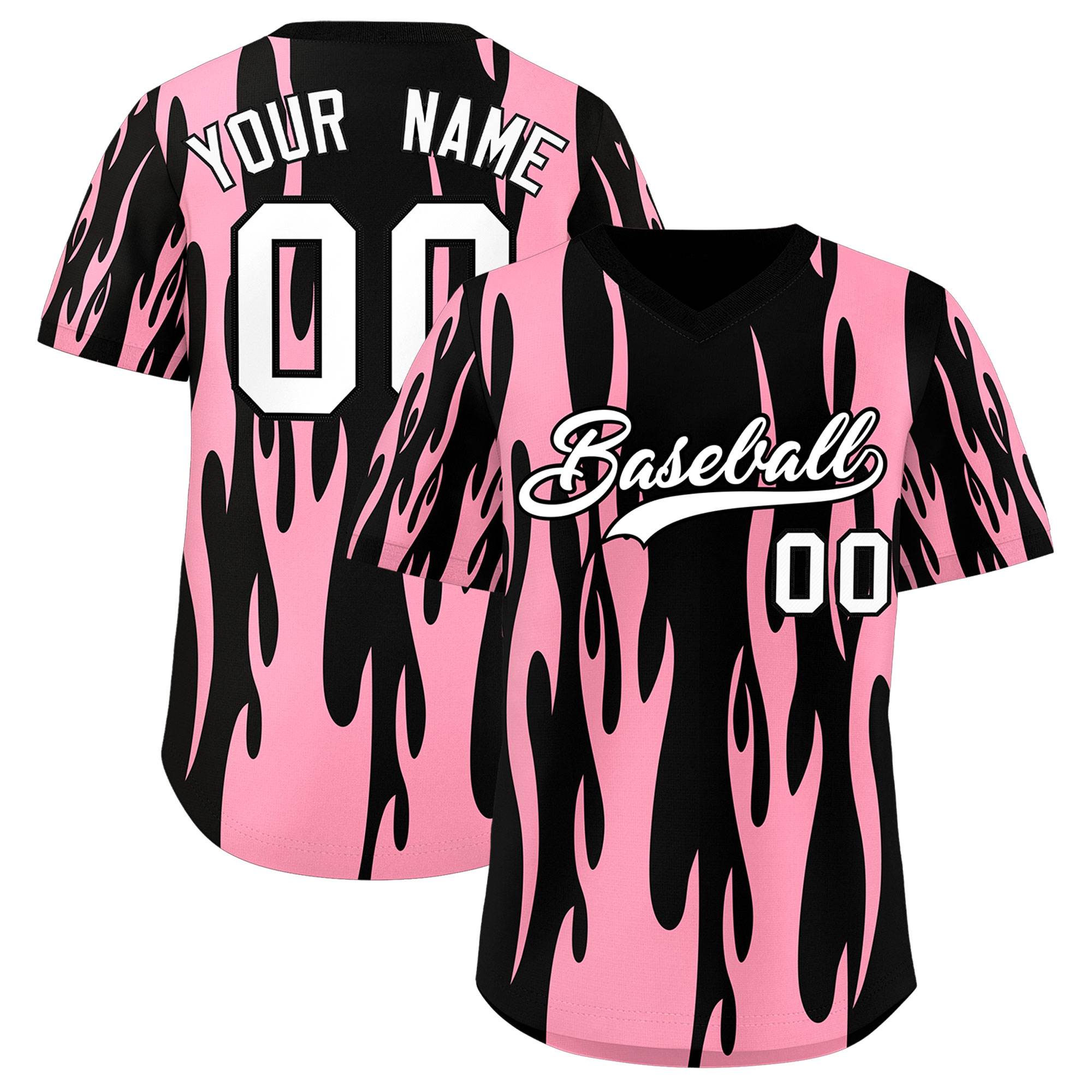 Custom Black Light Pink Flame Pattern Authentic Pullover Baseball Jersey