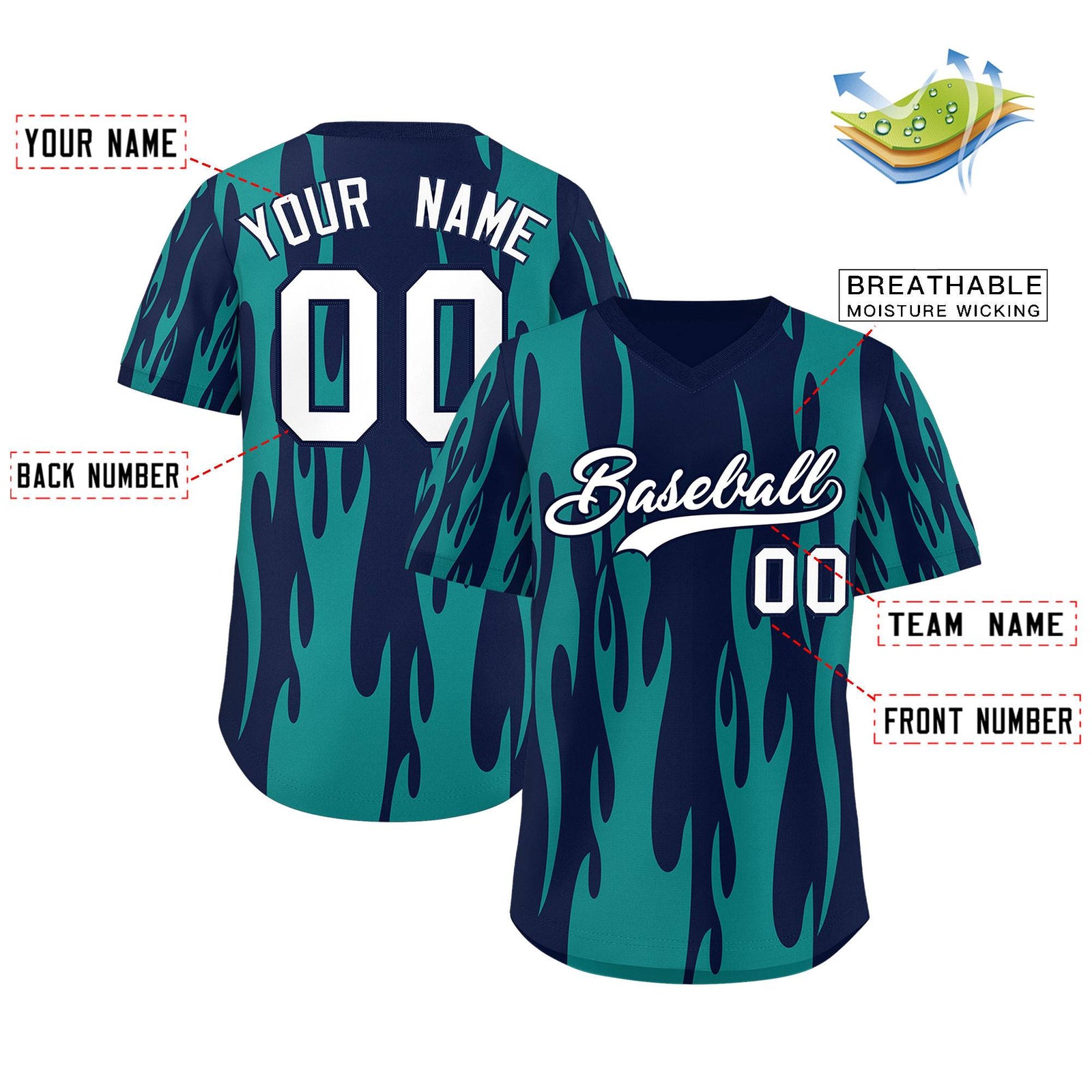 Custom Navy Aqua Flame Pattern Authentic Pullover Baseball Jersey