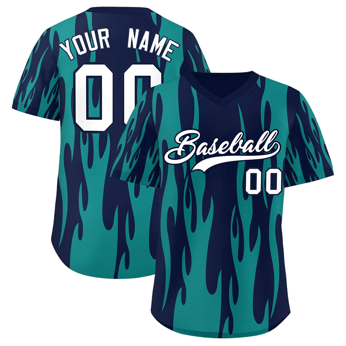 Custom Navy Aqua Flame Pattern Authentic Pullover Baseball Jersey