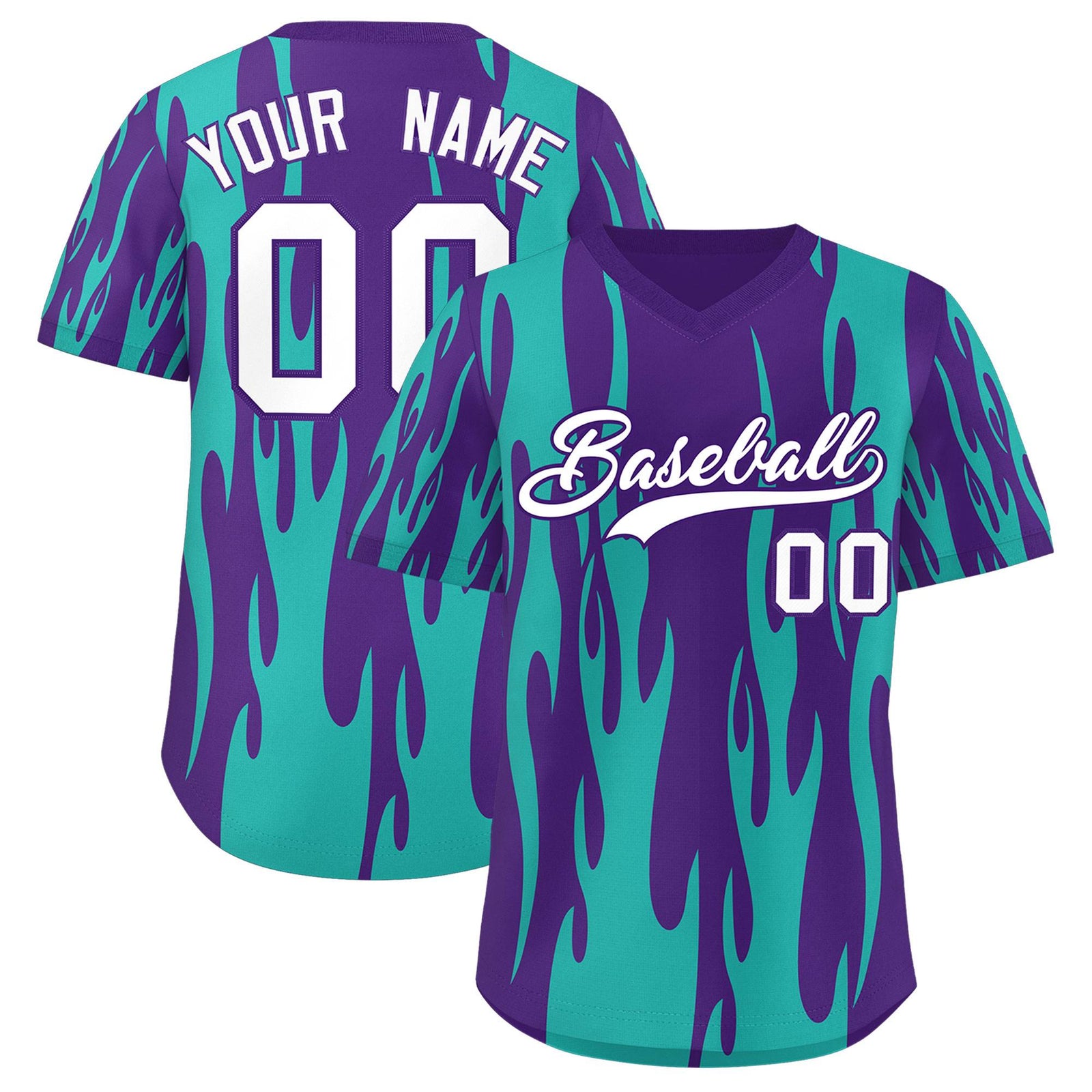 Custom Purple Aqua Flame Pattern Authentic Pullover Baseball Jersey