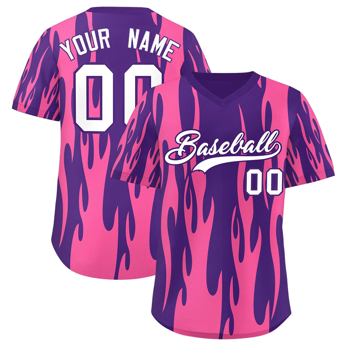 Custom Purple Pink Flame Pattern Authentic Pullover Baseball Jersey
