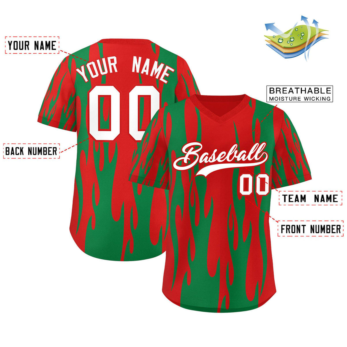 Custom Red Kelly Green Flame Pattern Authentic Pullover Baseball Jersey
