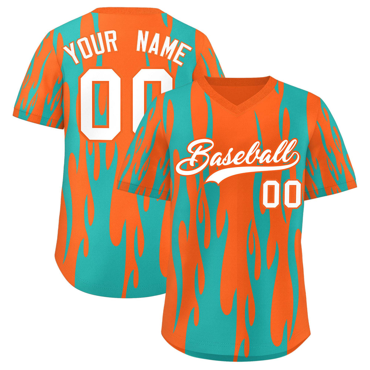 Custom Orange Aqua Flame Pattern Authentic Pullover Baseball Jersey