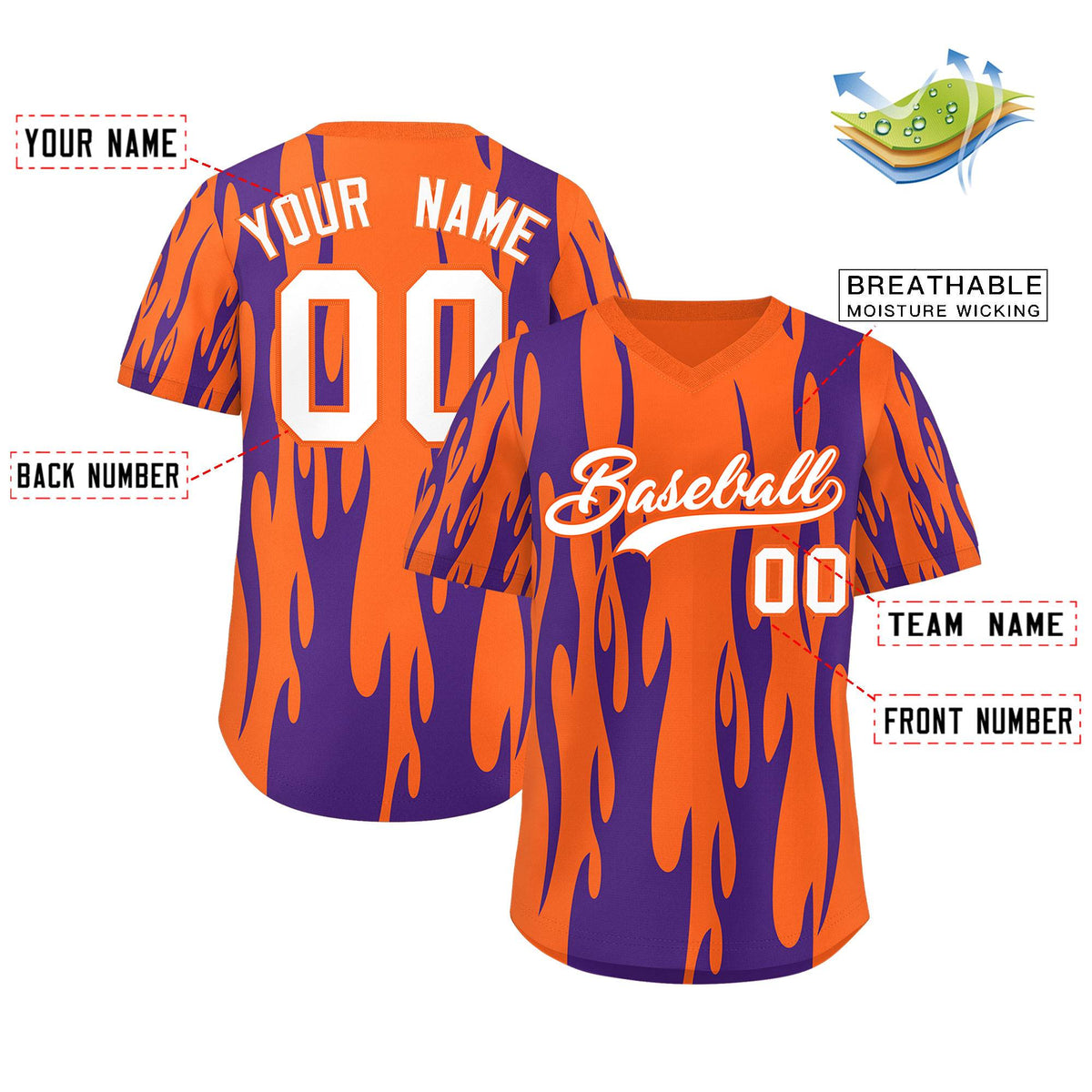 Custom Orange Purple Flame Pattern Authentic Pullover Baseball Jersey