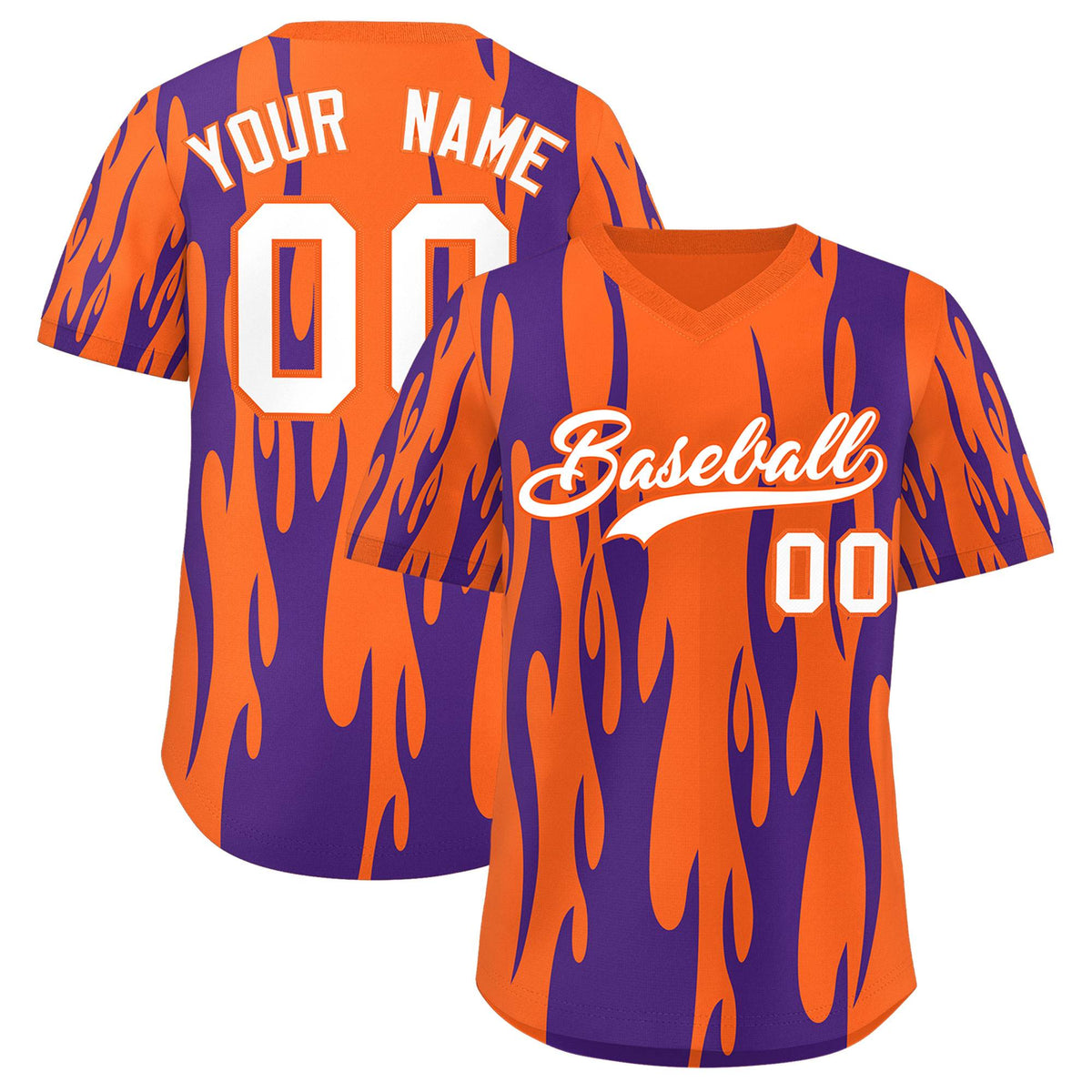 Custom Orange Purple Flame Pattern Authentic Pullover Baseball Jersey