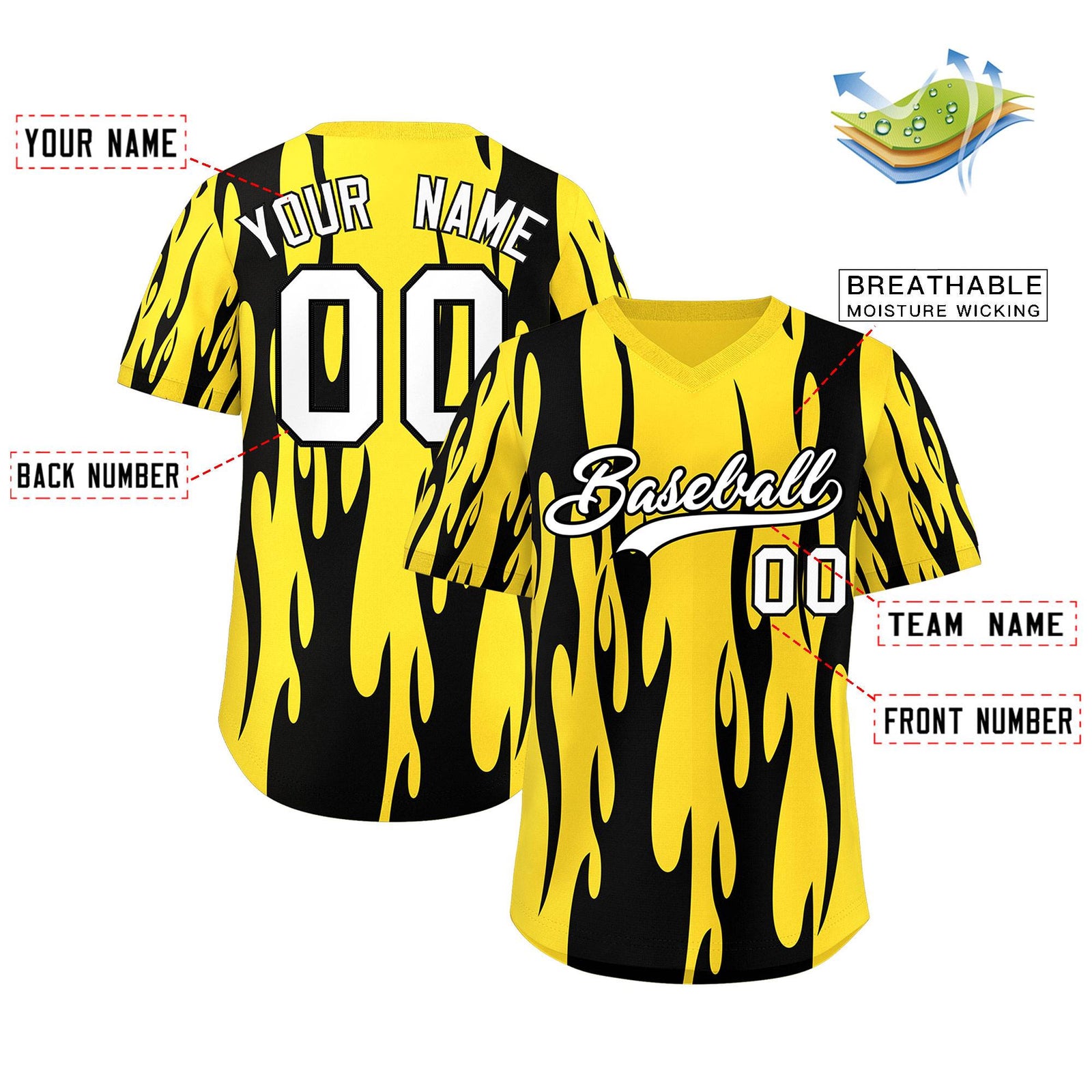 Custom Gold Black Flame Pattern Authentic Pullover Baseball Jersey