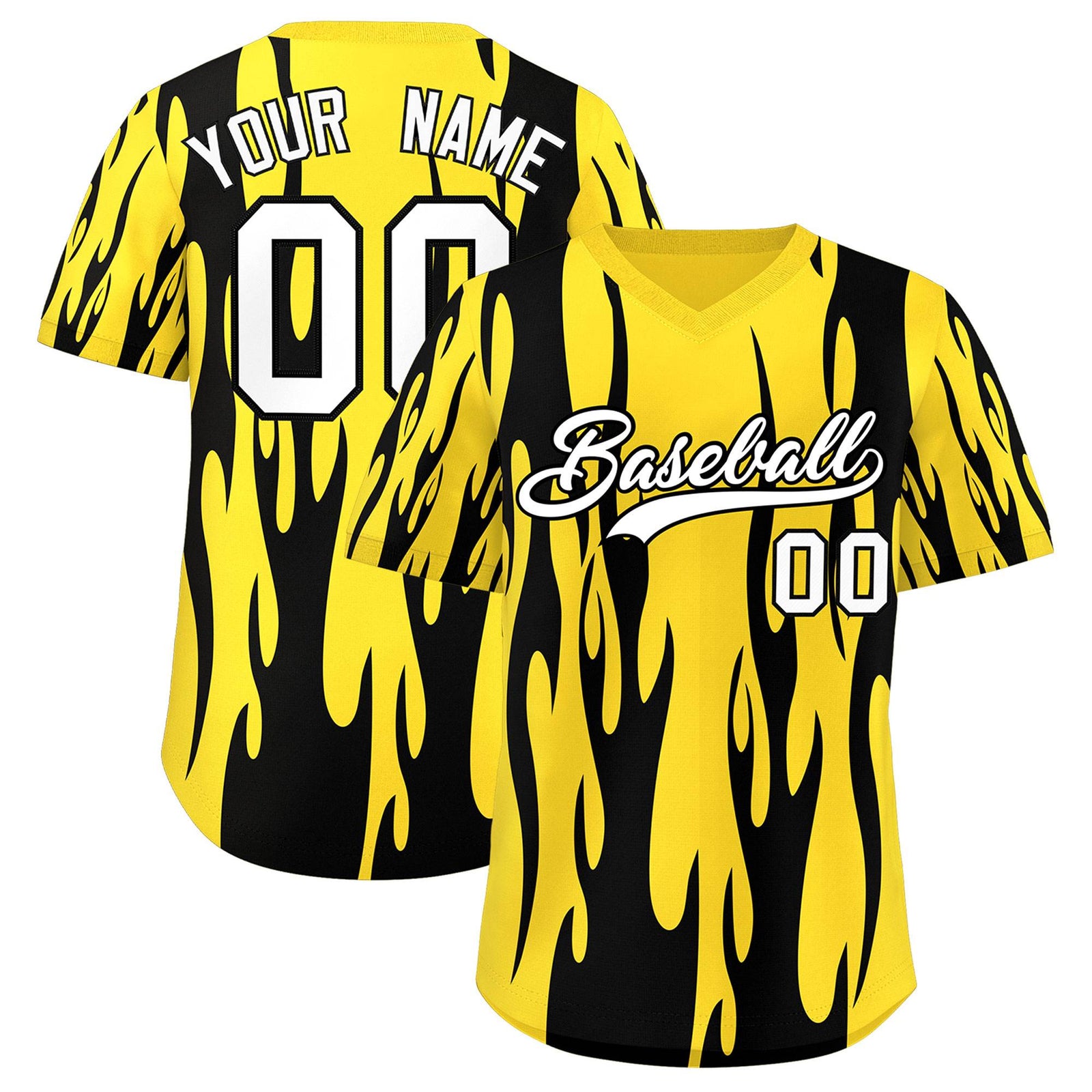 Custom Gold Black Flame Pattern Authentic Pullover Baseball Jersey