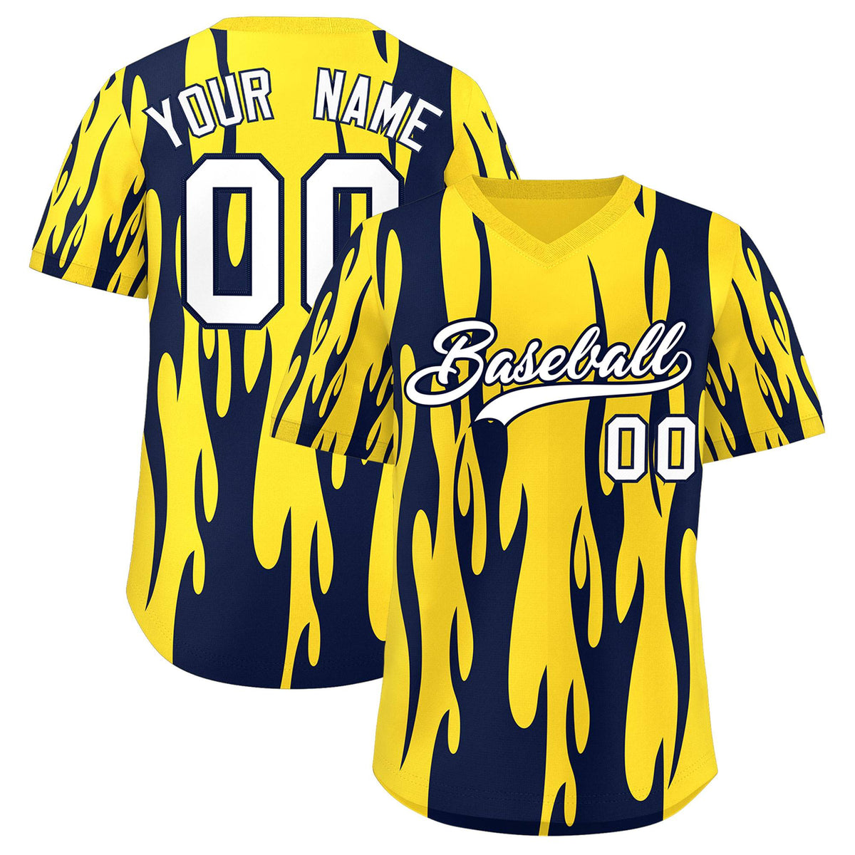 Custom Gold Navy Flame Pattern Authentic Pullover Baseball Jersey