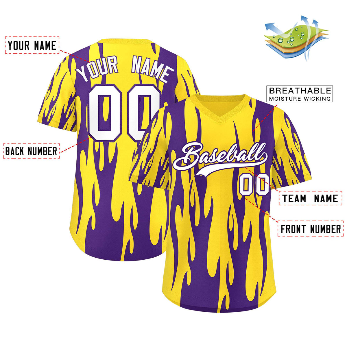 Custom Gold Purple Flame Pattern Authentic Pullover Baseball Jersey