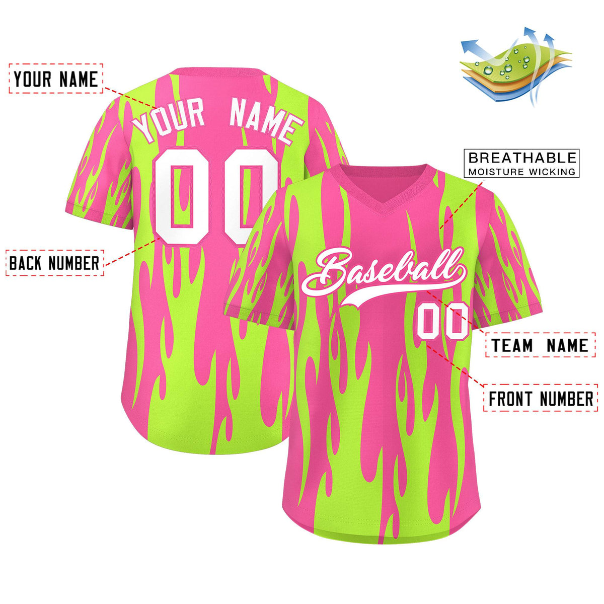 Custom Pink Neon Green Flame Pattern Authentic Pullover Baseball Jersey