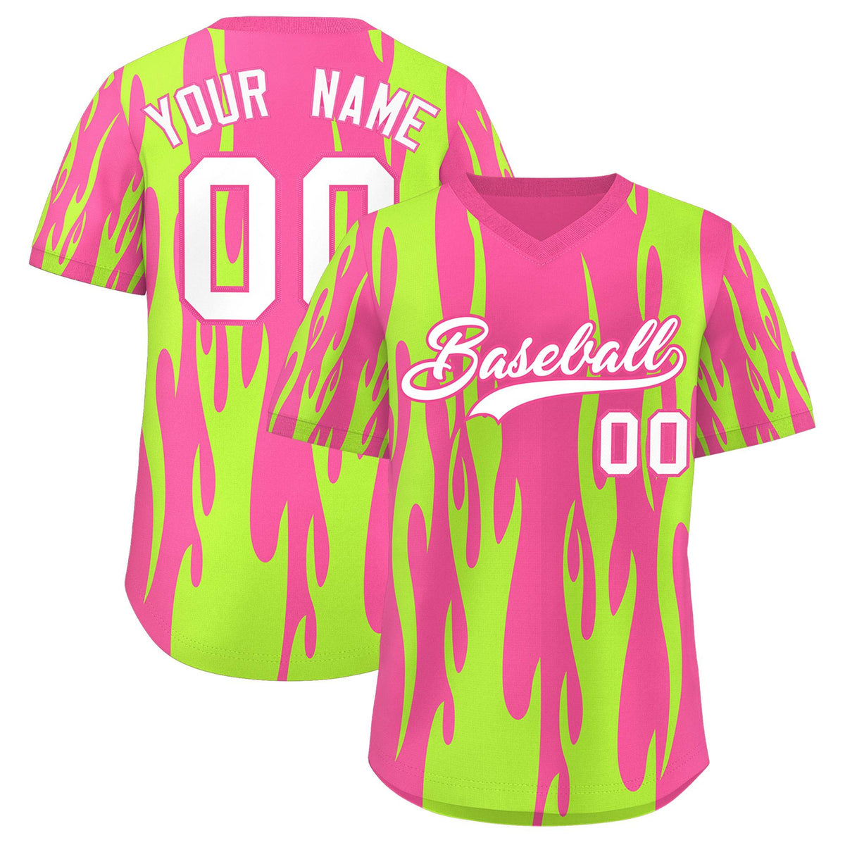 Custom Pink Neon Green Flame Pattern Authentic Pullover Baseball Jersey
