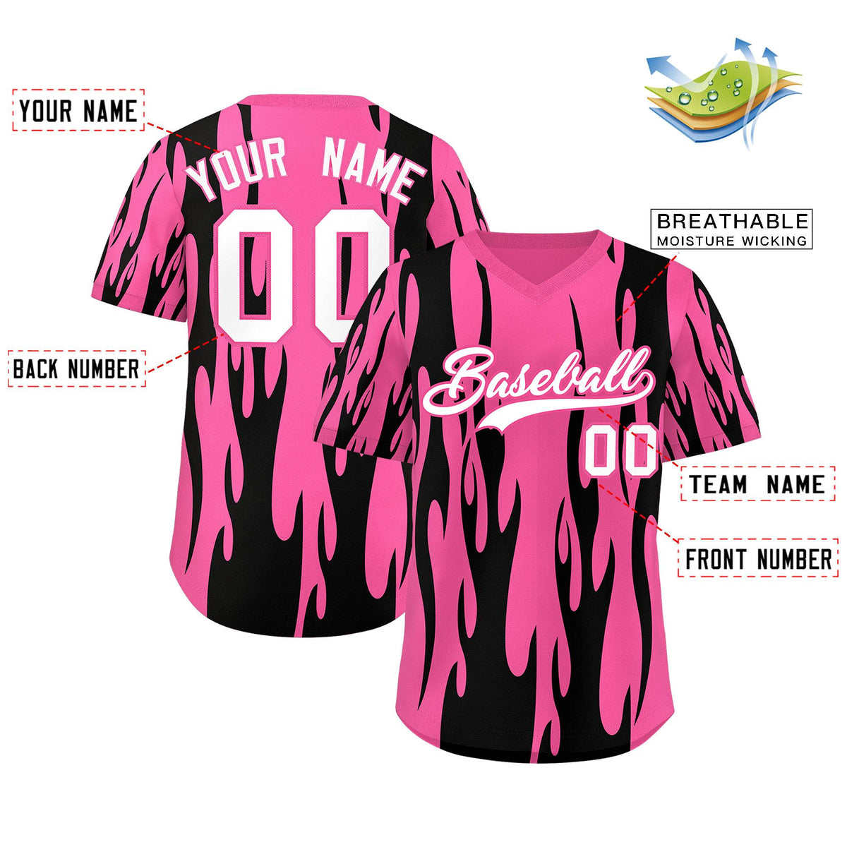 Custom Pink Black Flame Pattern Authentic Pullover Baseball Jersey