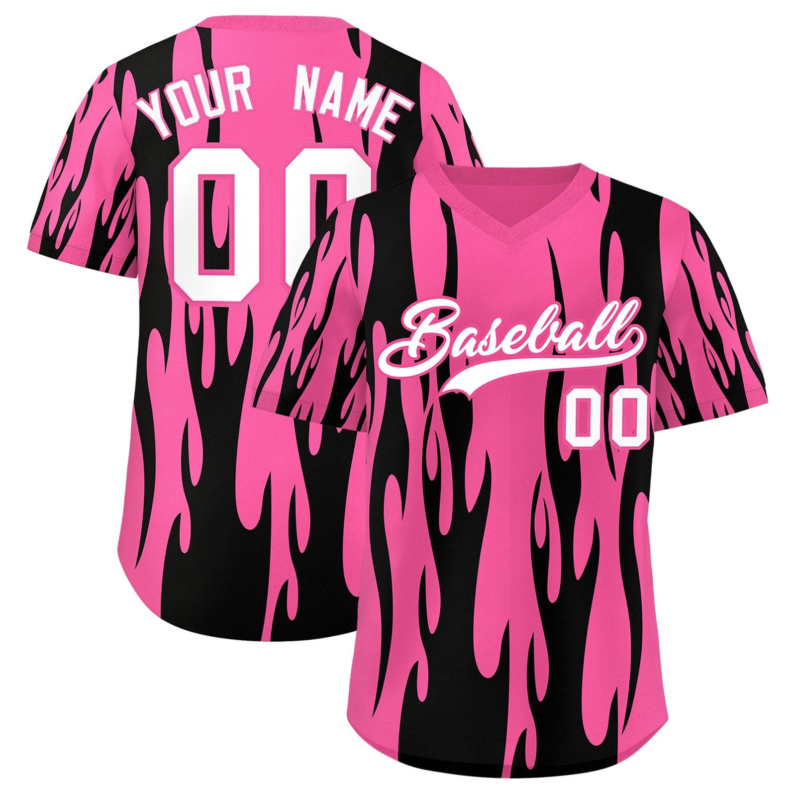 Custom Pink Black Flame Pattern Authentic Pullover Baseball Jersey