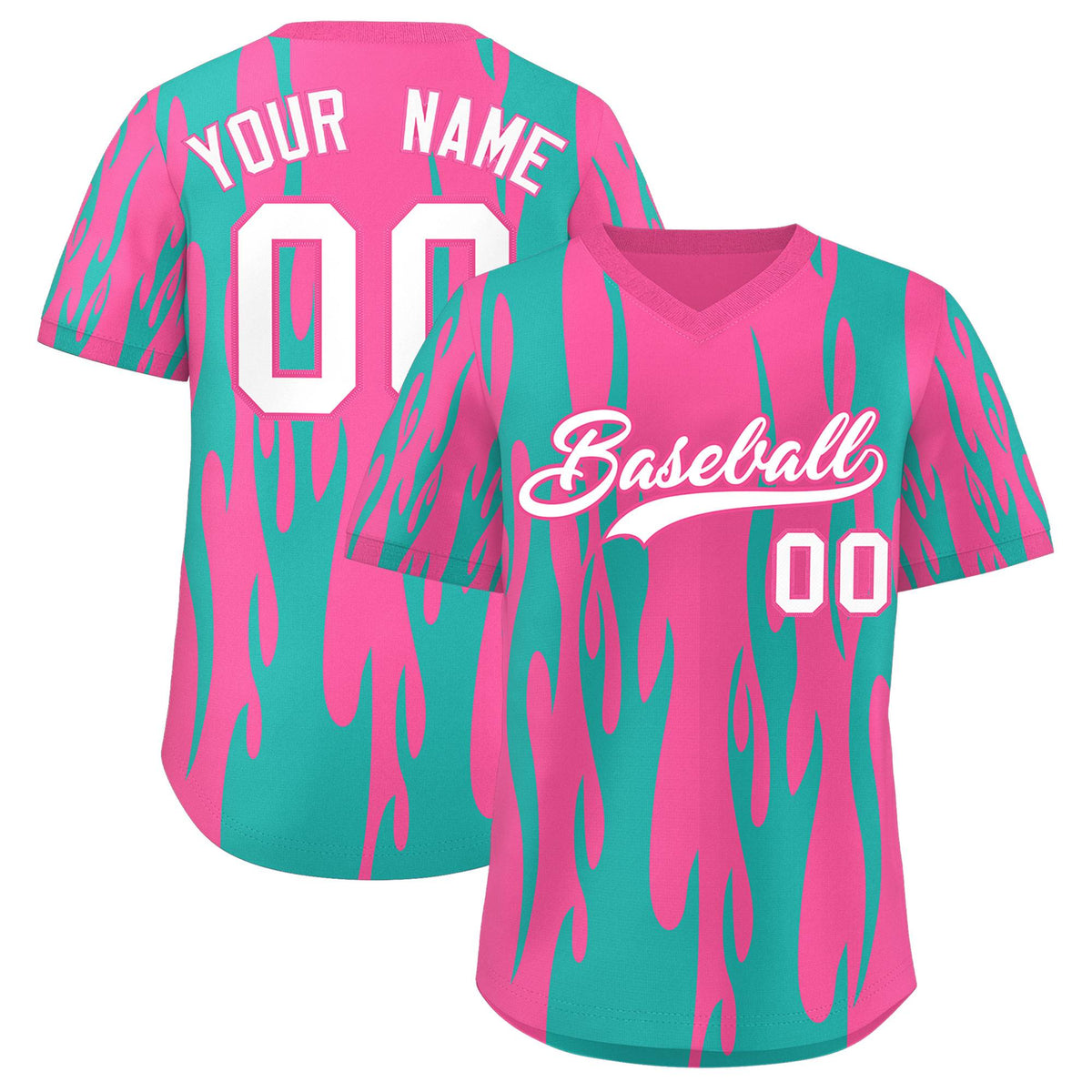Custom Pink Aqua Flame Pattern Authentic Pullover Baseball Jersey
