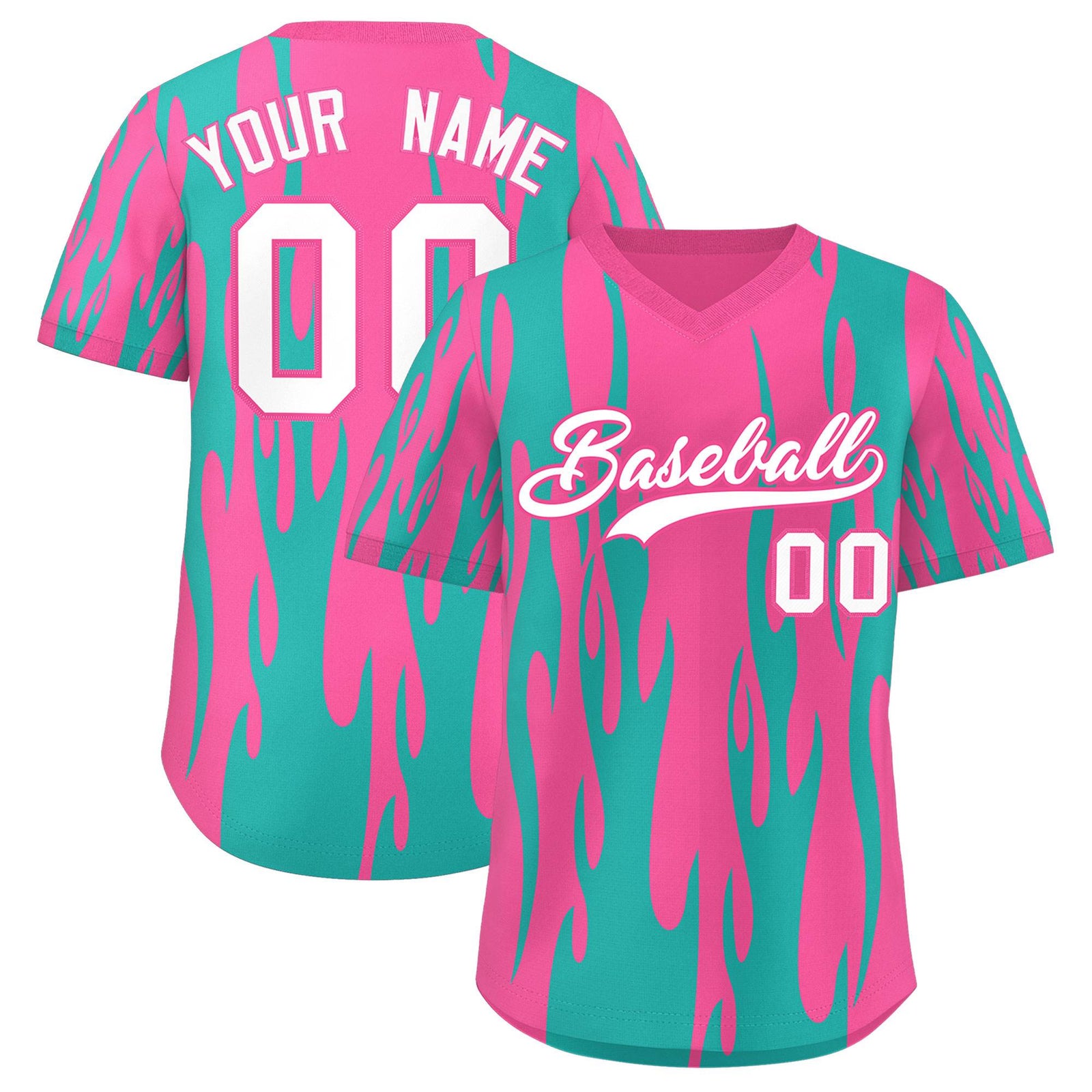 Custom Pink Aqua Flame Pattern Authentic Pullover Baseball Jersey