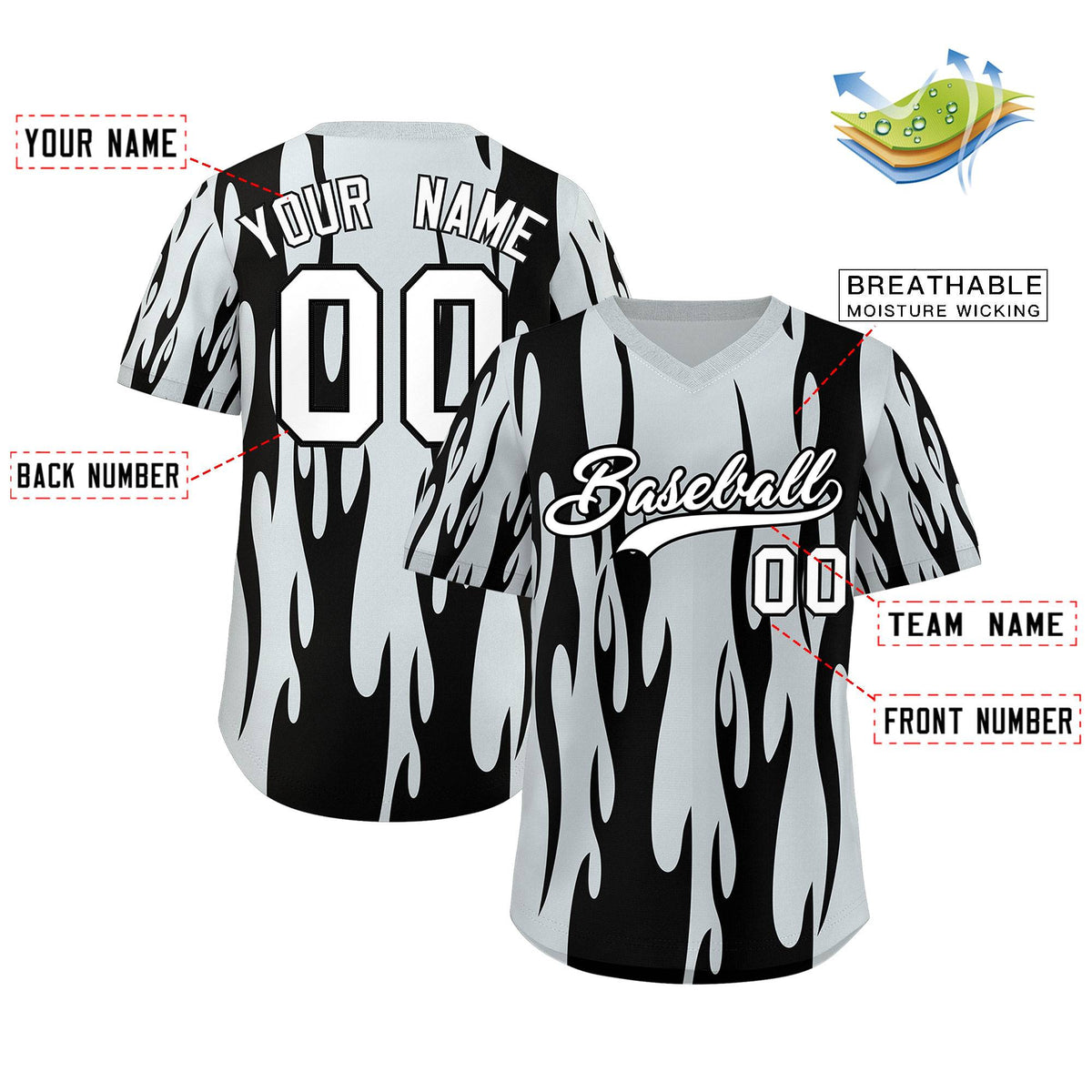 Custom Silver Black Flame Pattern Authentic Pullover Baseball Jersey