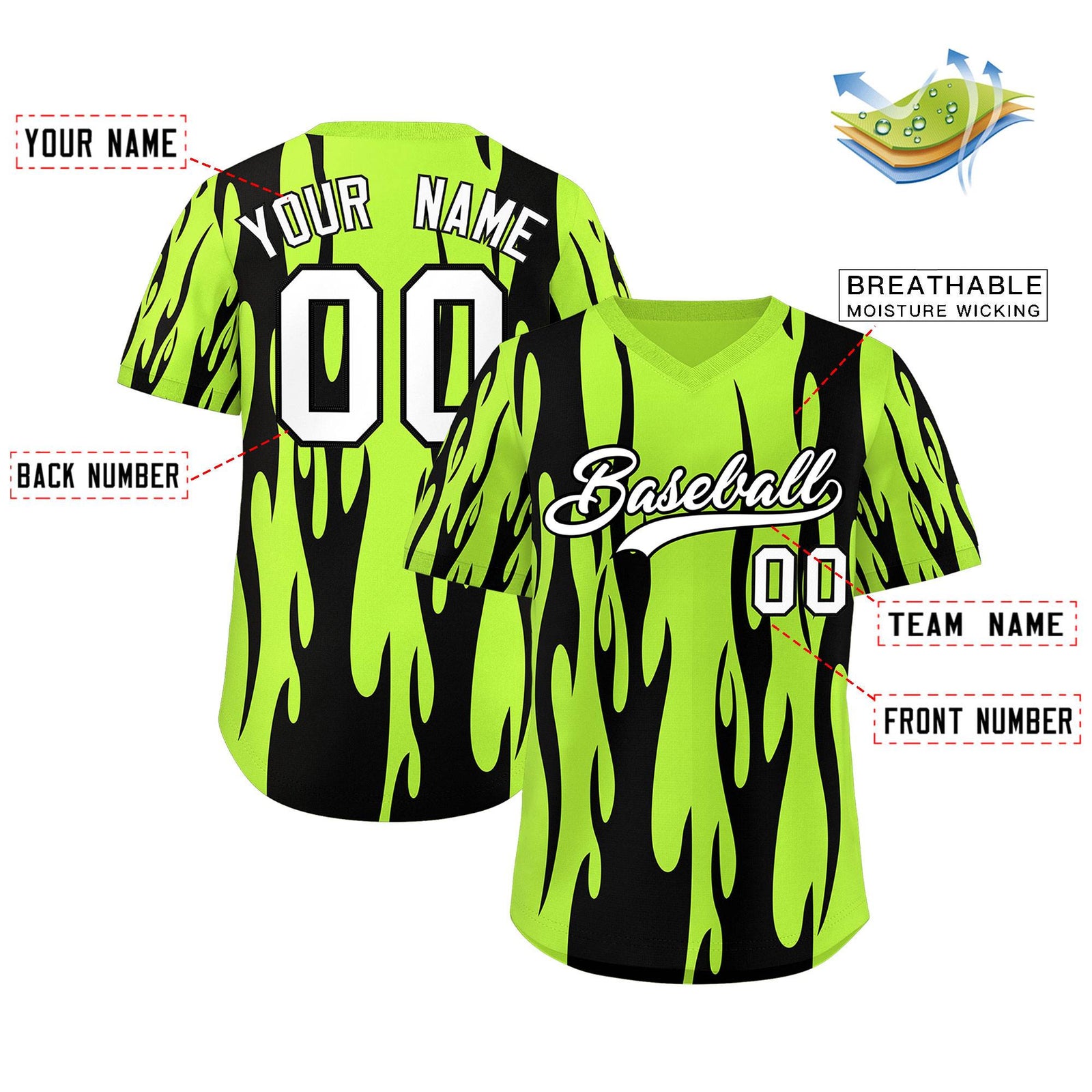Custom Neon Green Black Flame Pattern Authentic Pullover Baseball Jersey