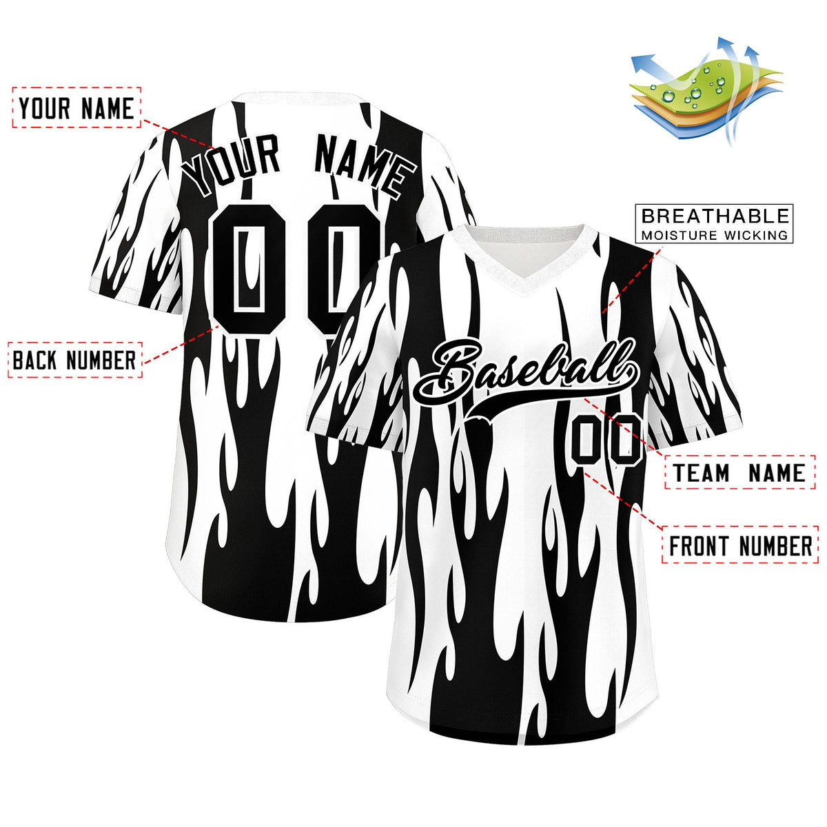 Custom White Black Flame Pattern Authentic Pullover Baseball Jersey