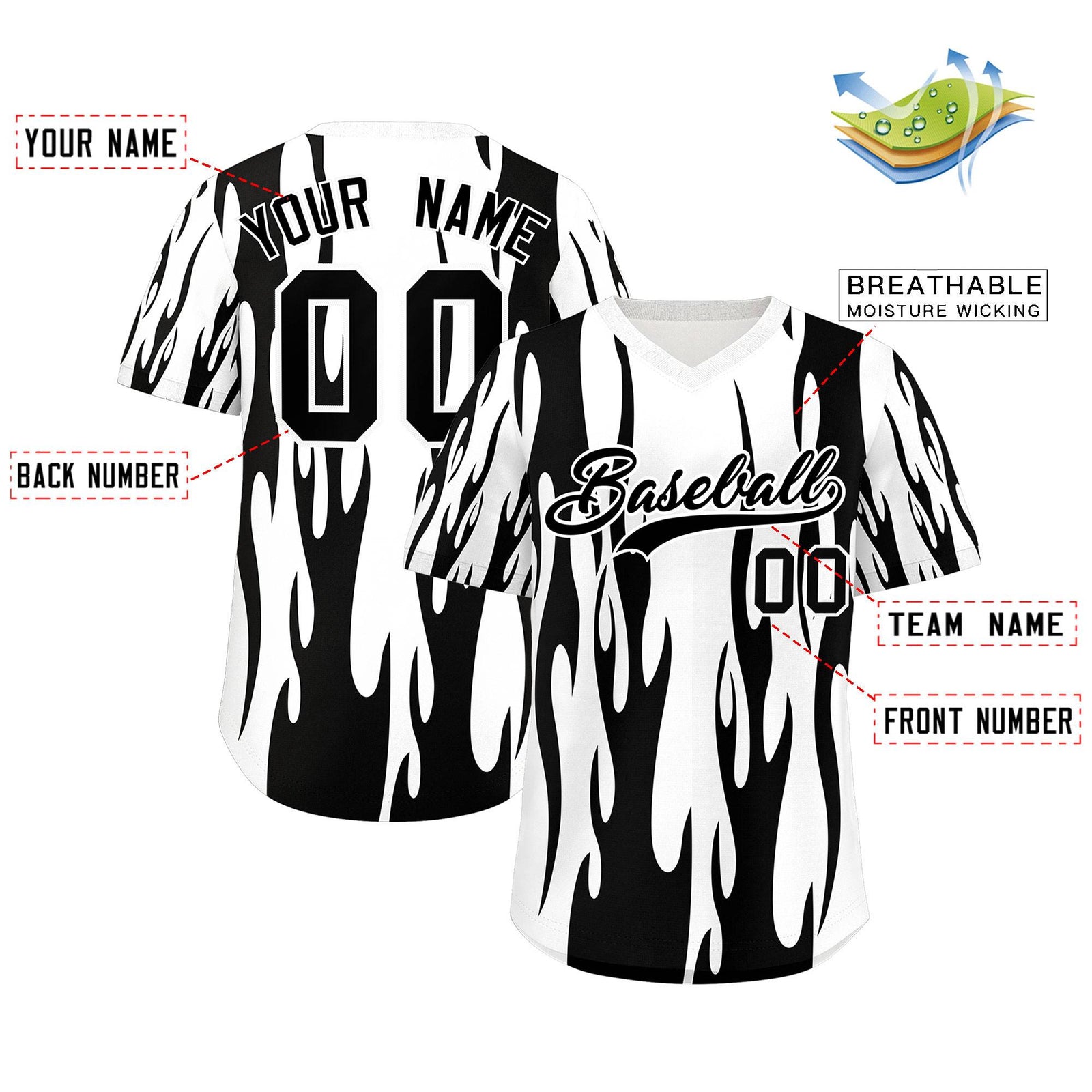 Custom White Black Flame Pattern Authentic Pullover Baseball Jersey