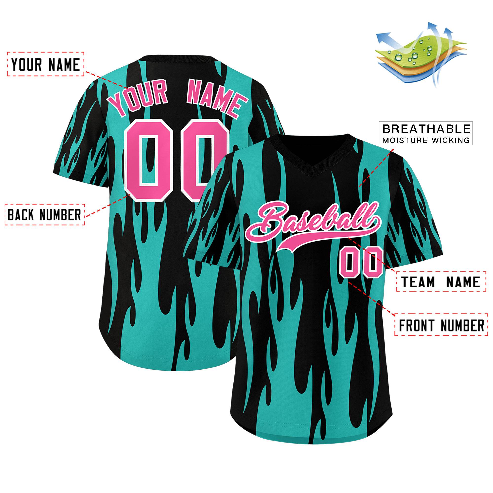 Custom Black Aqua Flame Pattern Authentic Pullover Baseball Jersey