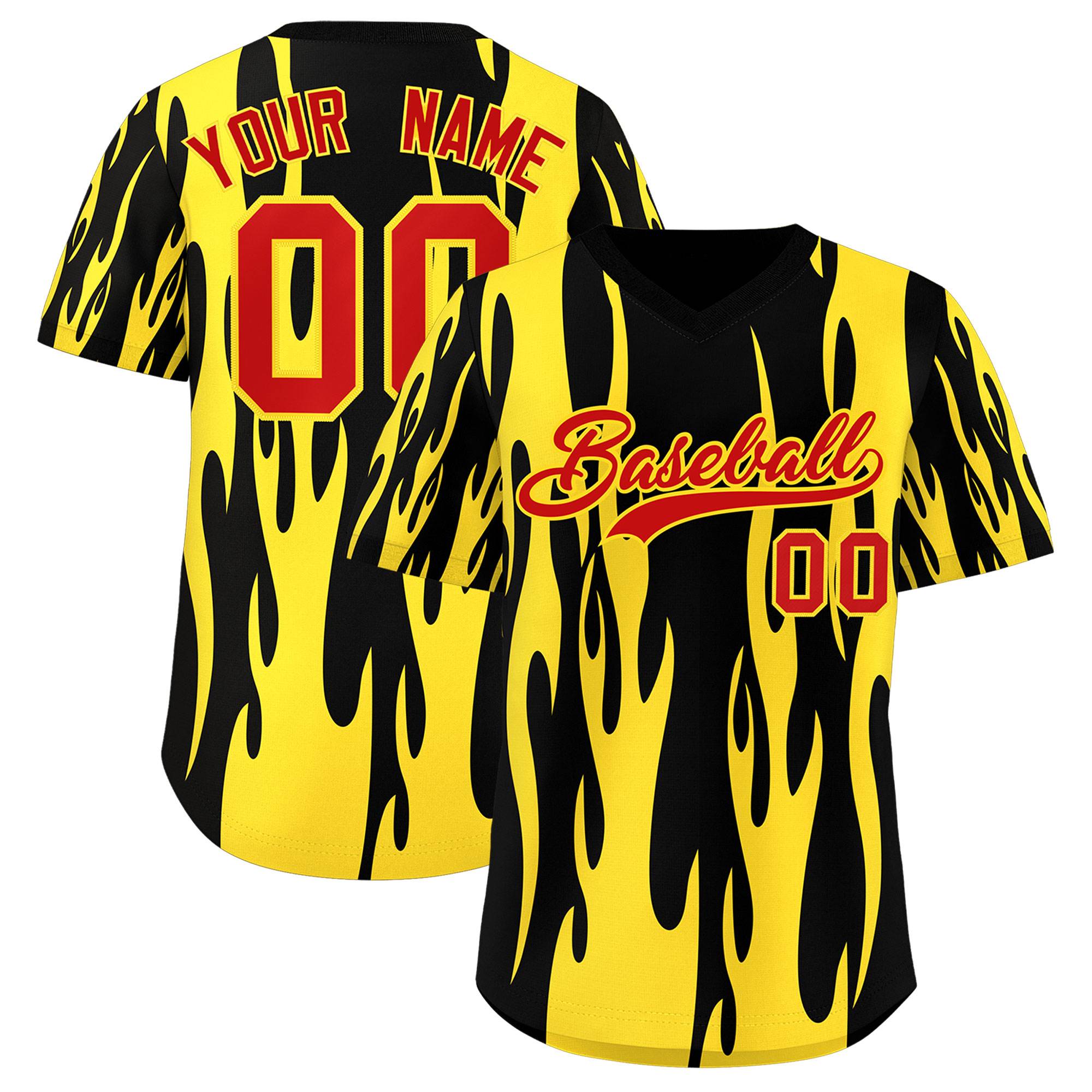 Custom Black Gold Flame Pattern Authentic Pullover Baseball Jersey