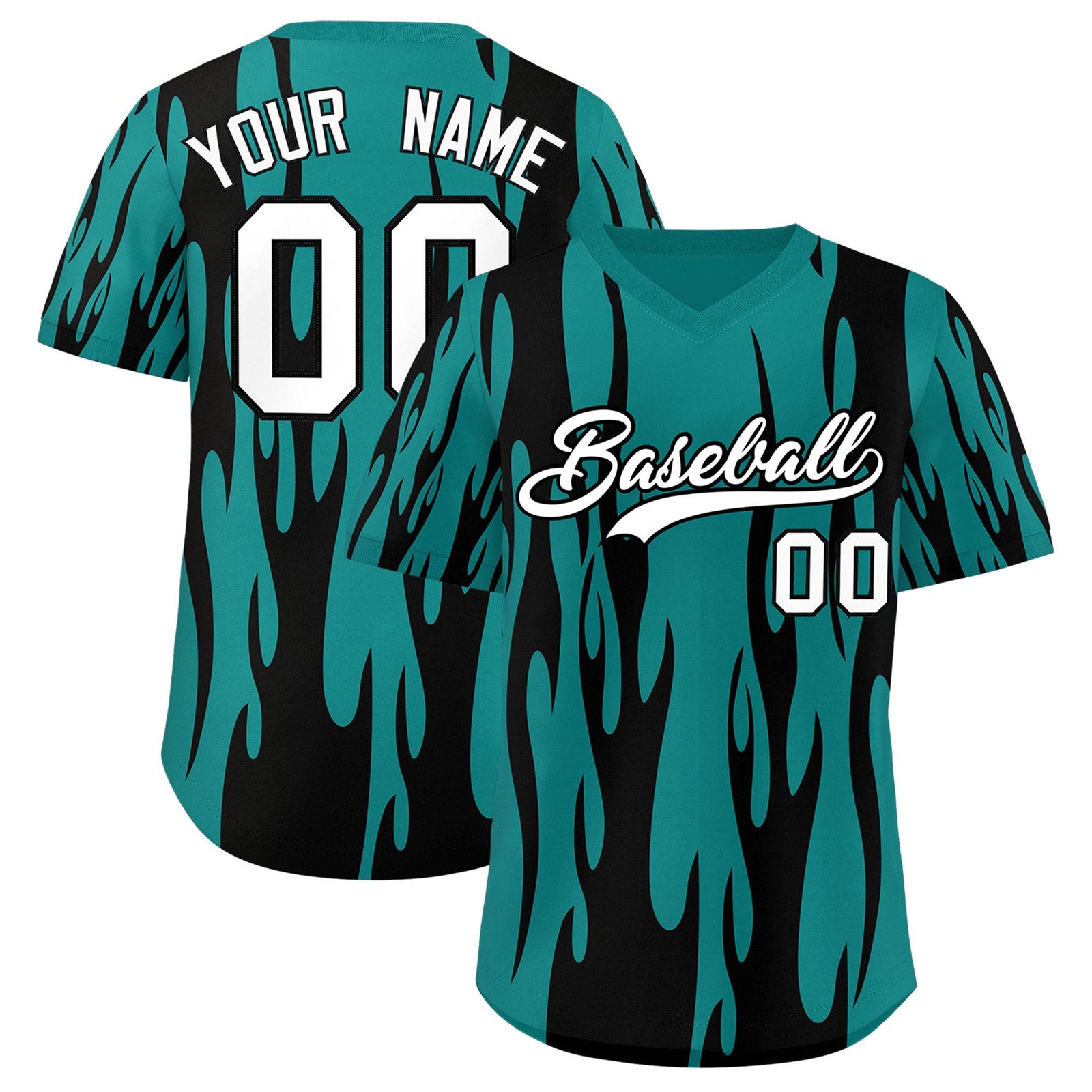 Custom Aqua Black Flame Pattern Authentic Pullover Baseball Jersey