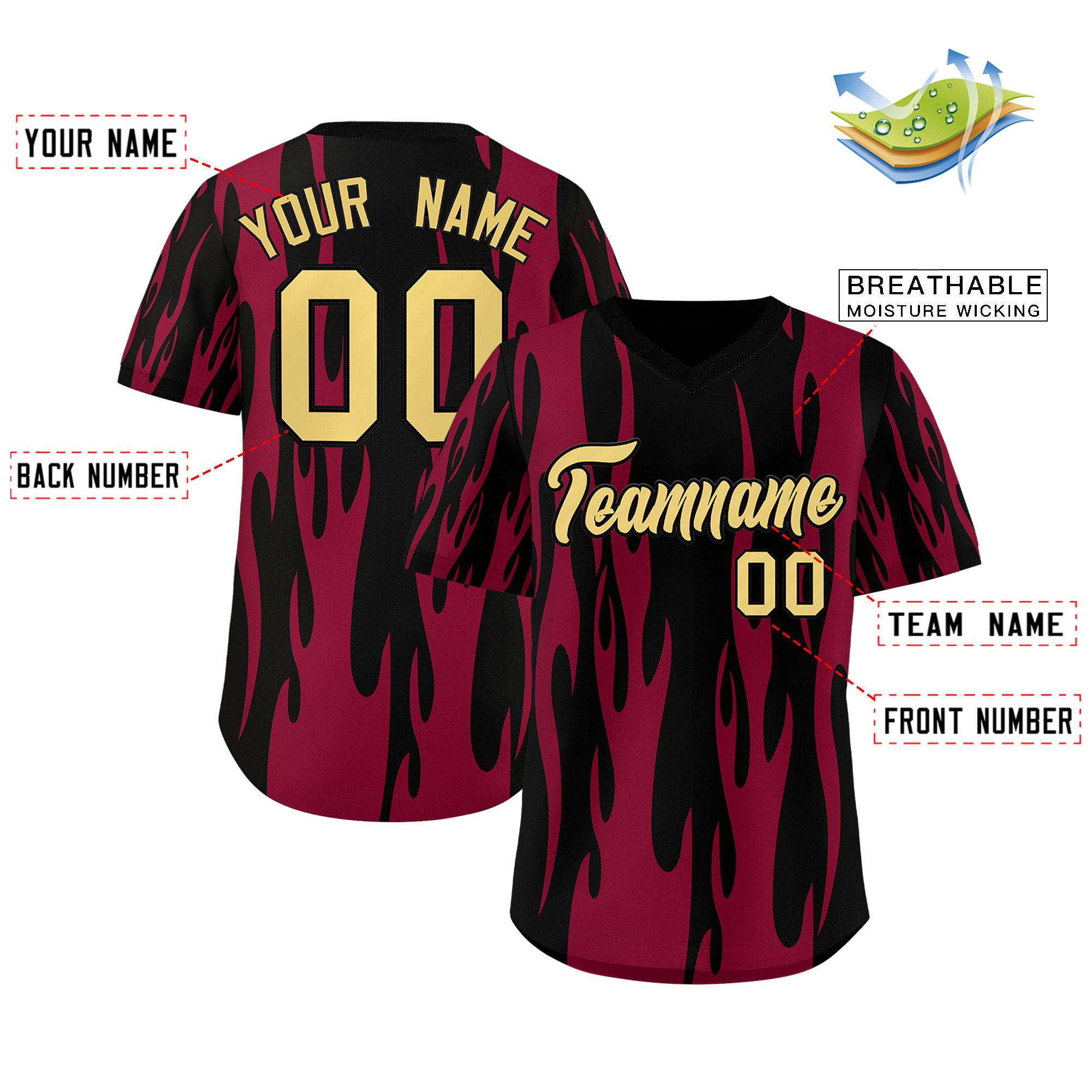 Custom Black Crimson Flame Pattern Authentic Pullover Baseball Jersey