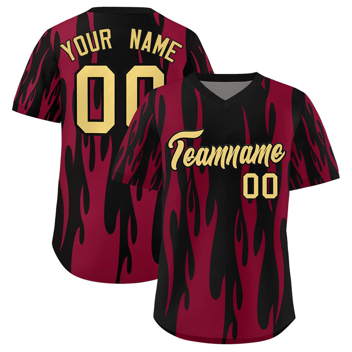 Custom Black Crimson Flame Pattern Authentic Pullover Baseball Jersey