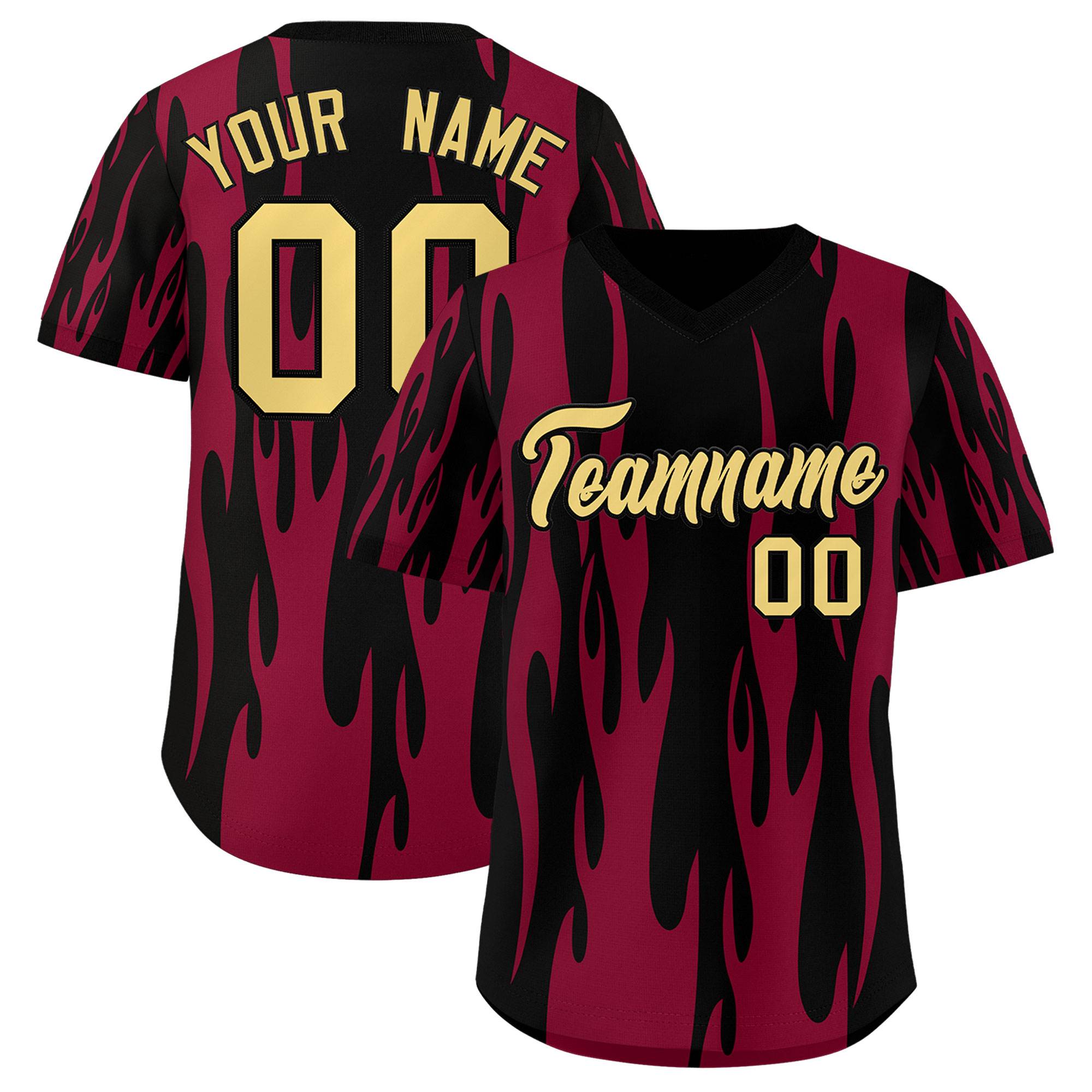 Custom Black Crimson Flame Pattern Authentic Pullover Baseball Jersey