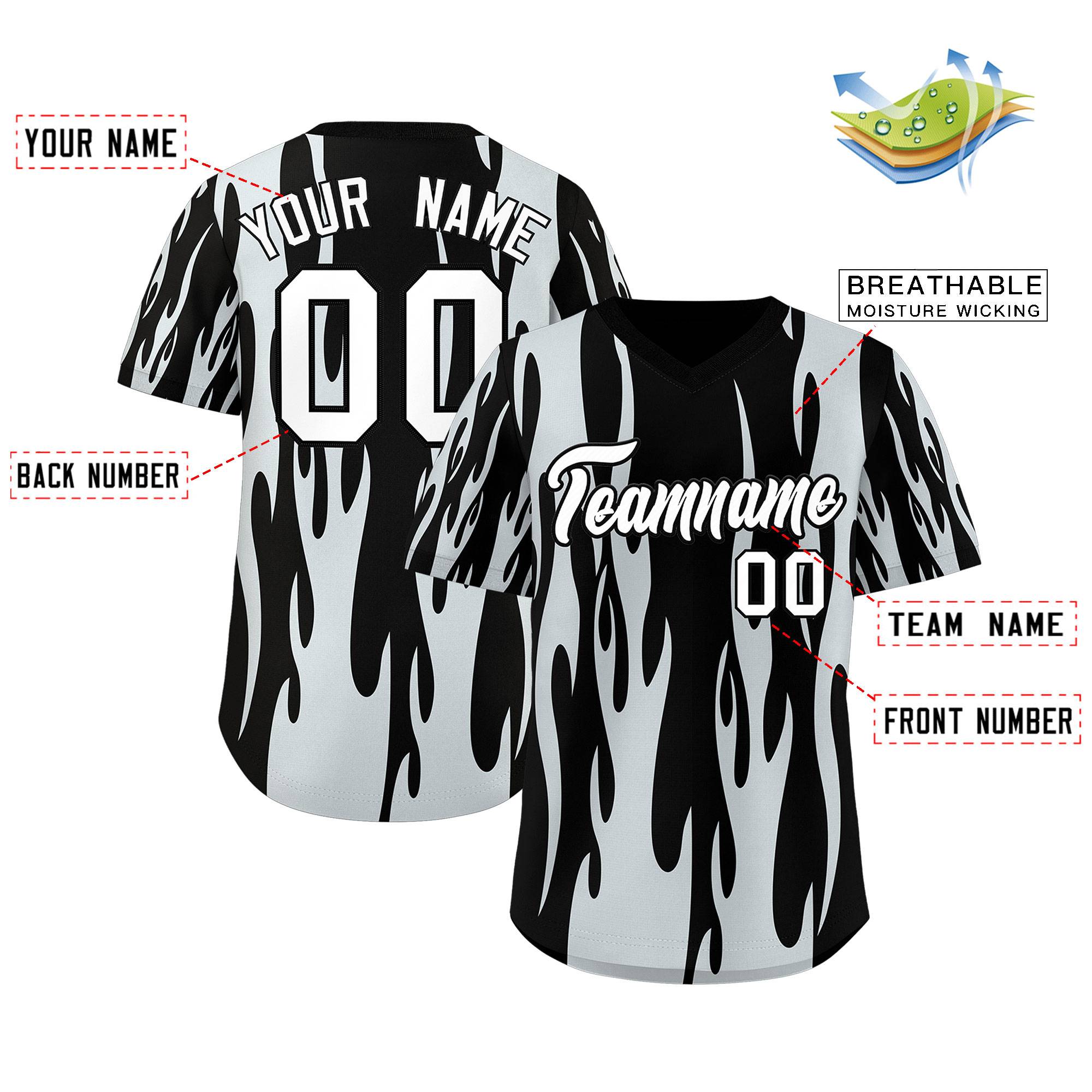 Custom Black Silver Flame Pattern Authentic Pullover Baseball Jersey