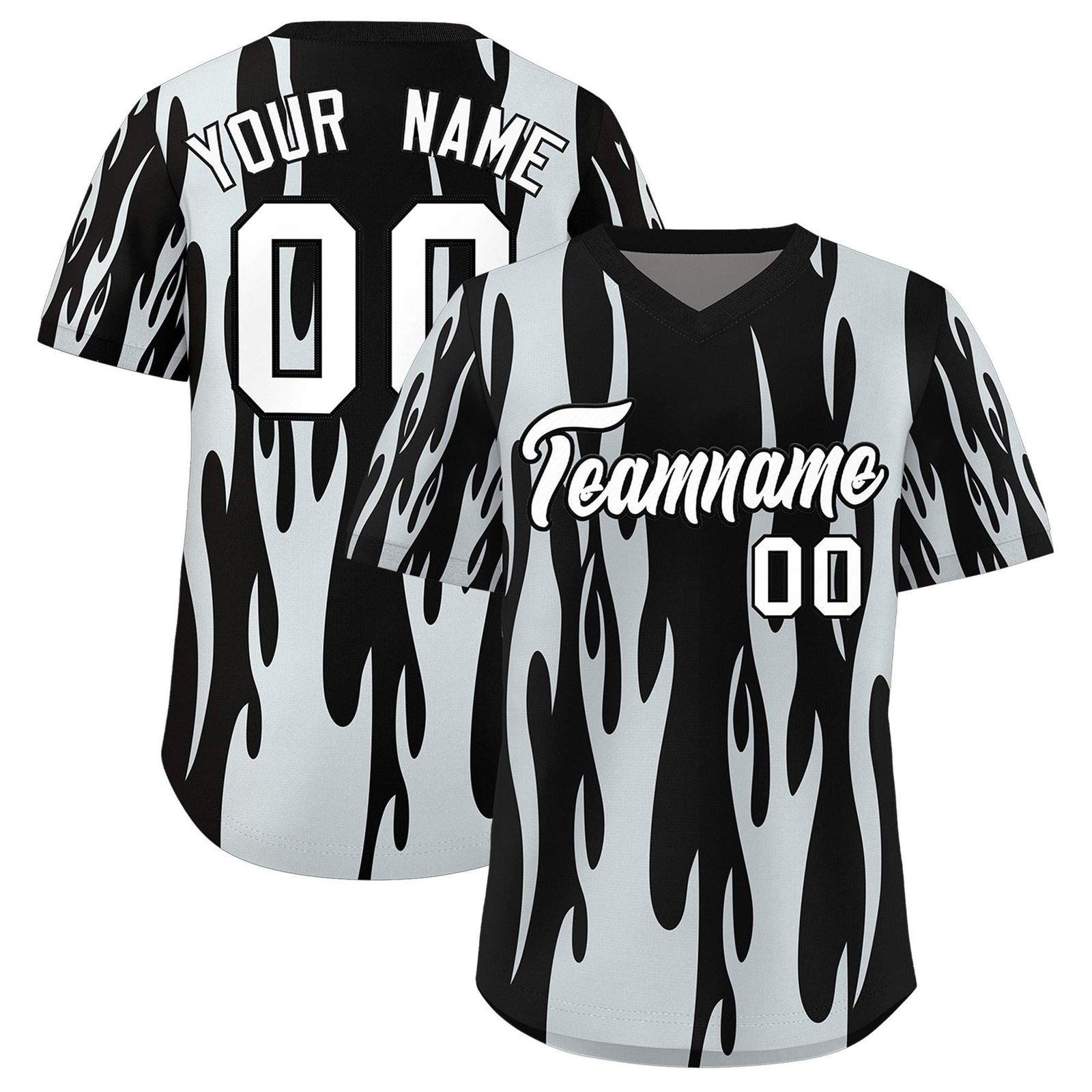 Custom Black Silver Flame Pattern Authentic Pullover Baseball Jersey