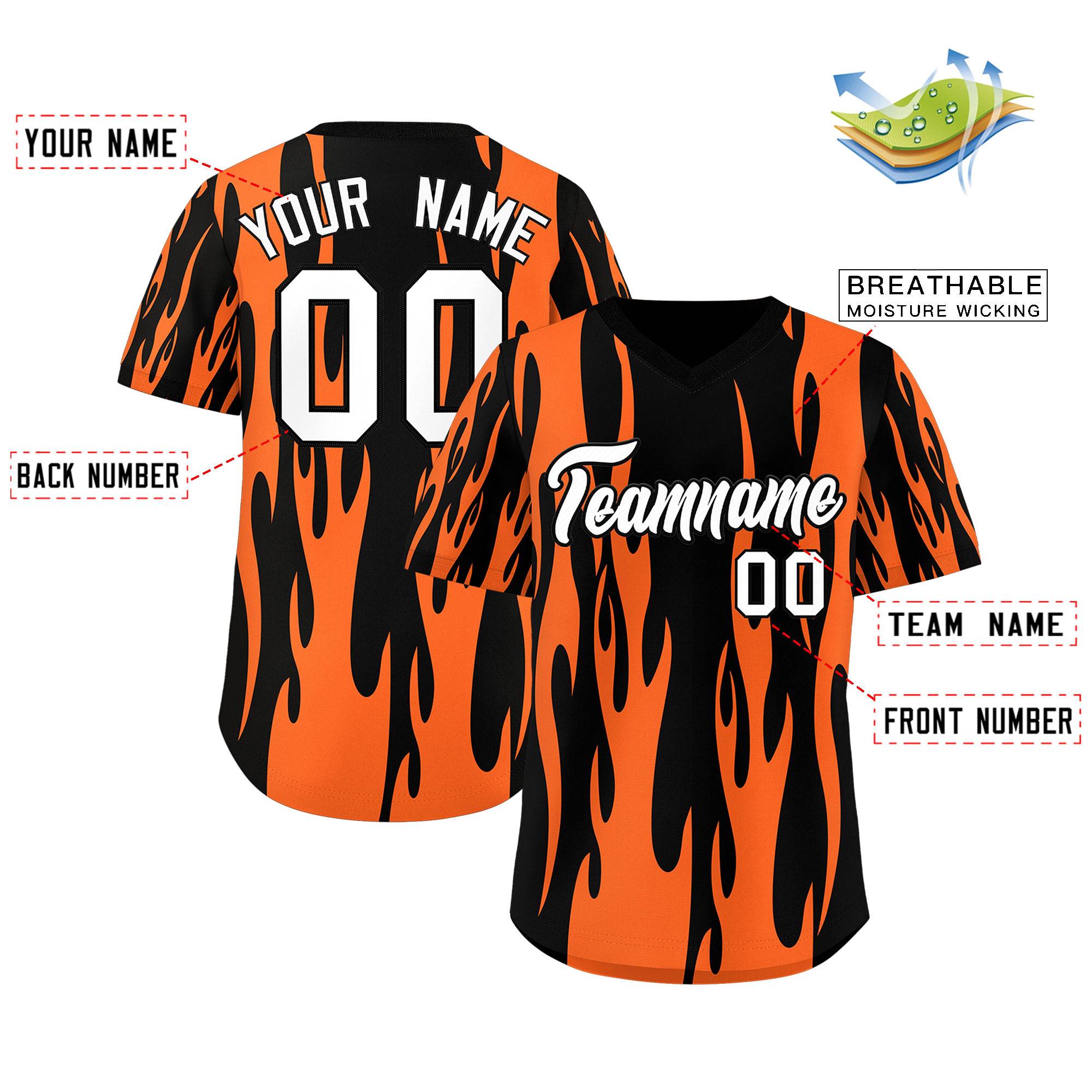 Custom Black Orange Flame Pattern Authentic Pullover Baseball Jersey