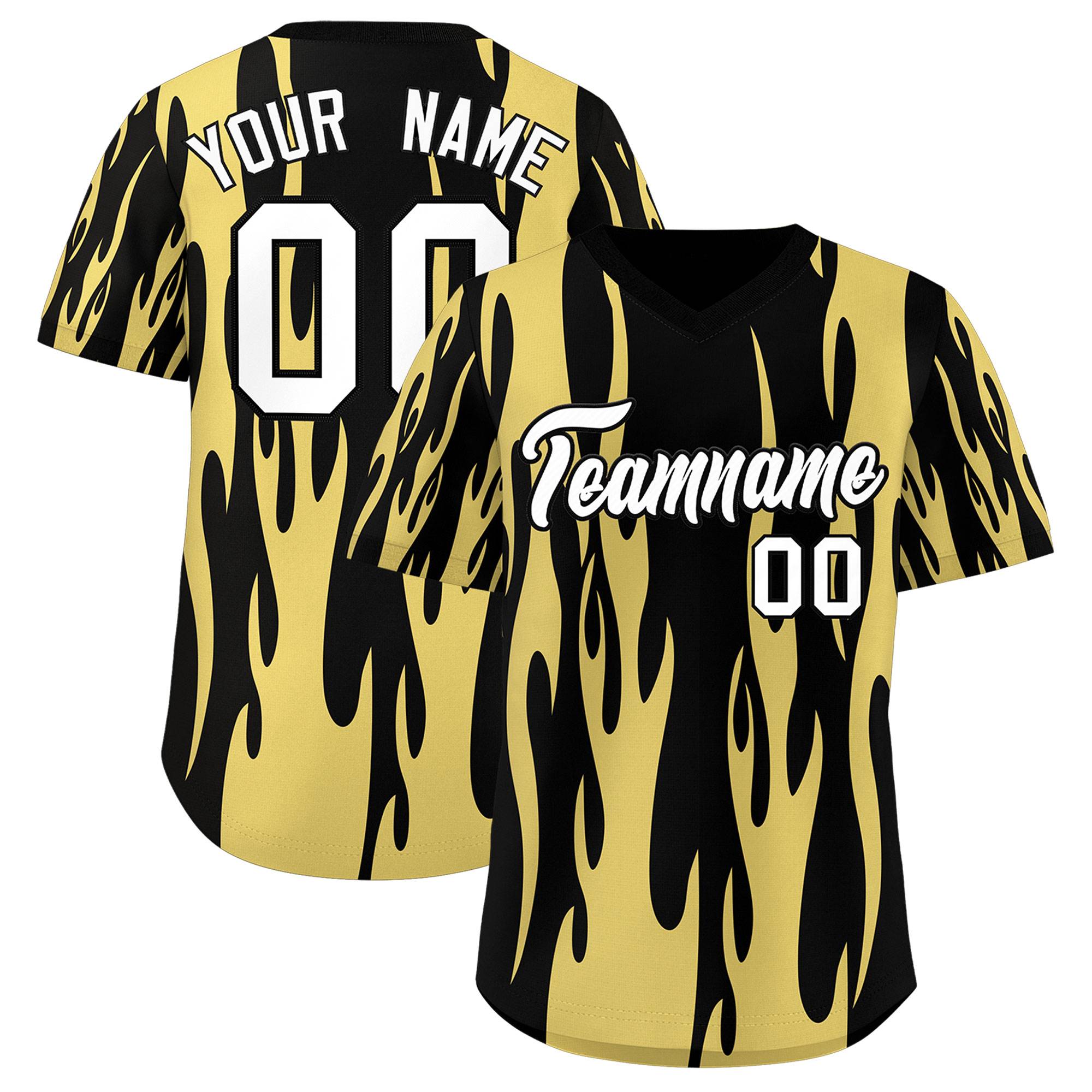 Custom Black Old Gold Flame Pattern Authentic Pullover Baseball Jersey
