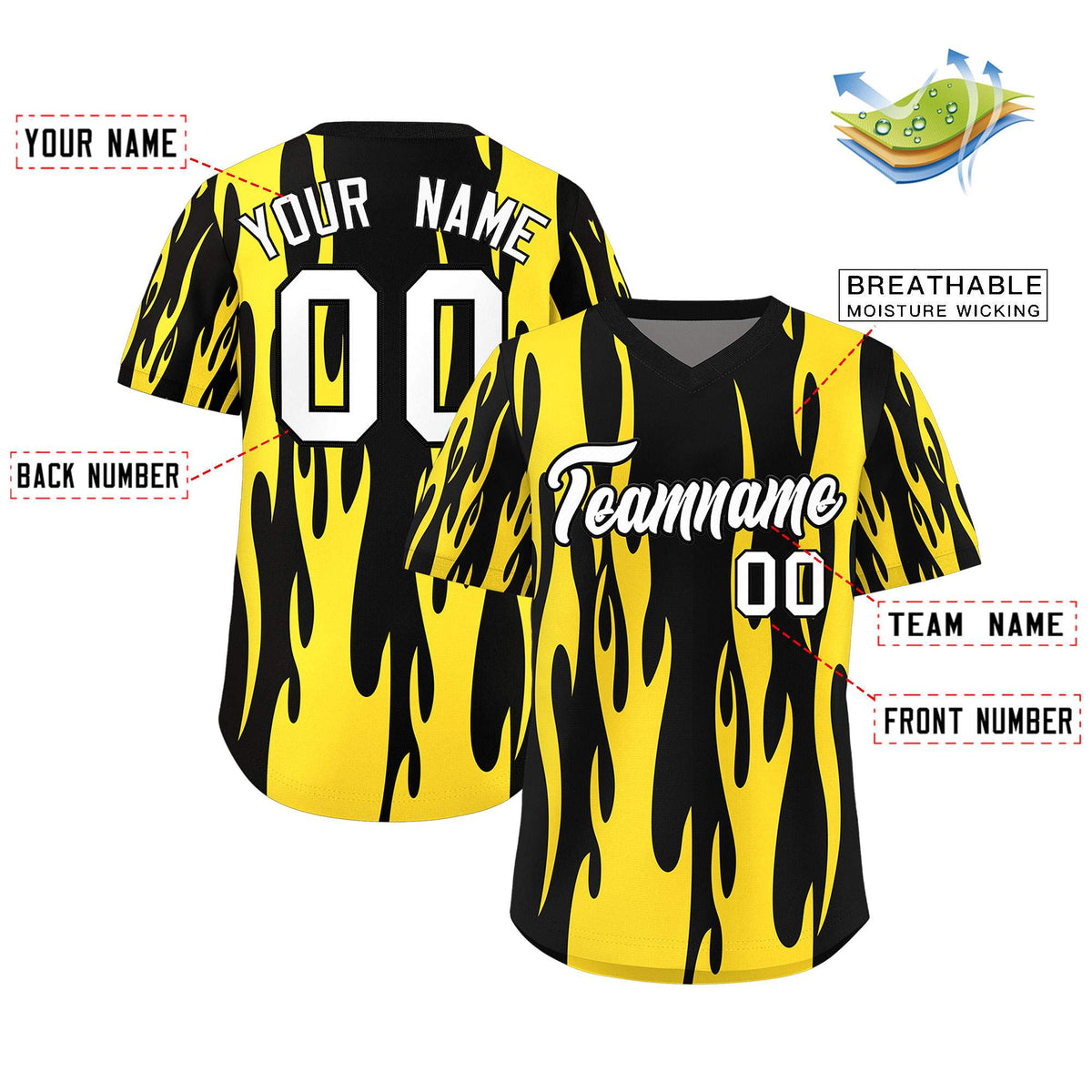 Custom Black Gold Flame Pattern Authentic Pullover Baseball Jersey