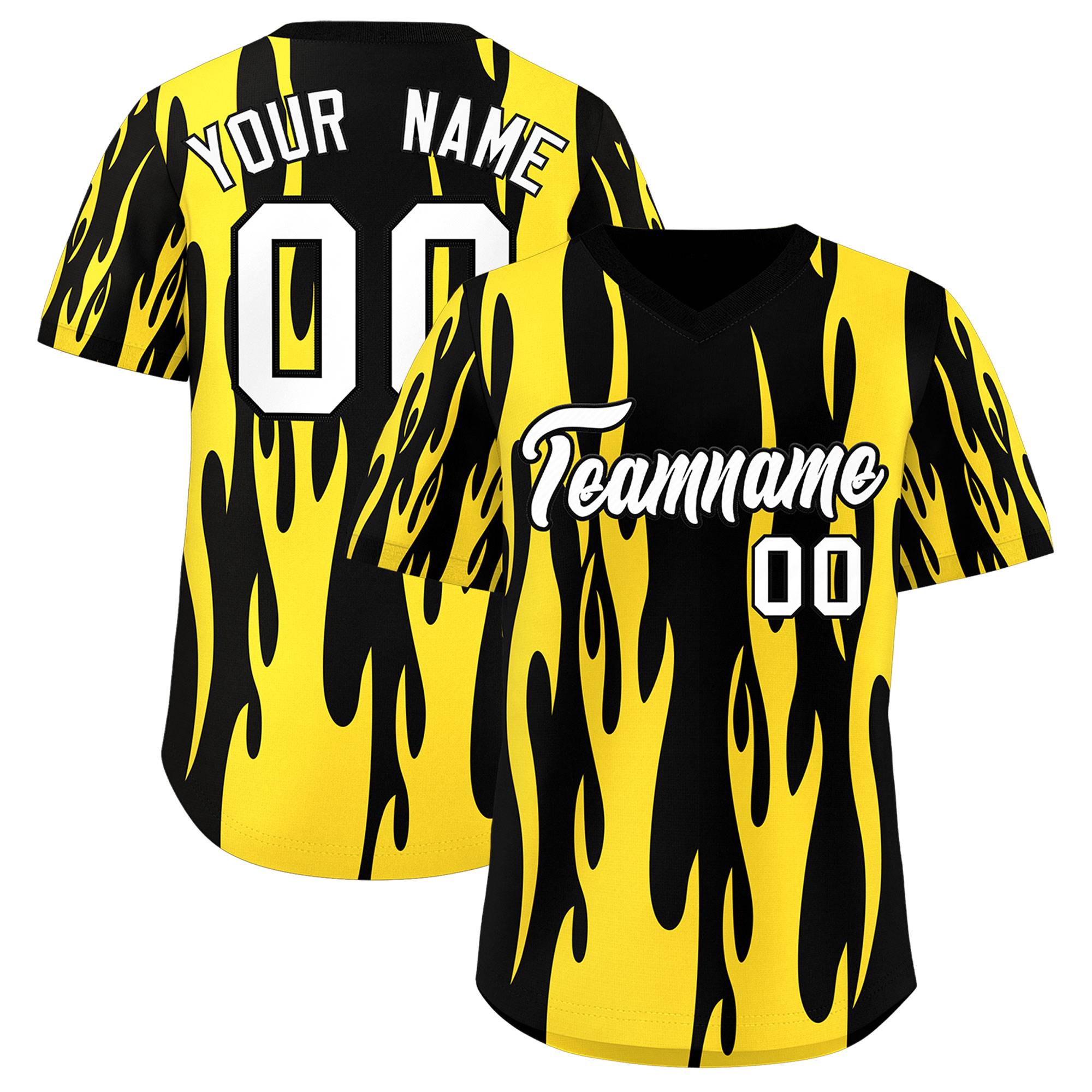 Custom Black Gold Flame Pattern Authentic Pullover Baseball Jersey