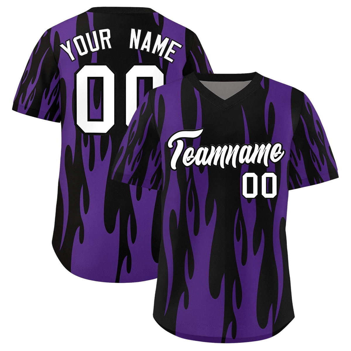 Custom Black Purple Flame Pattern Authentic Pullover Baseball Jersey