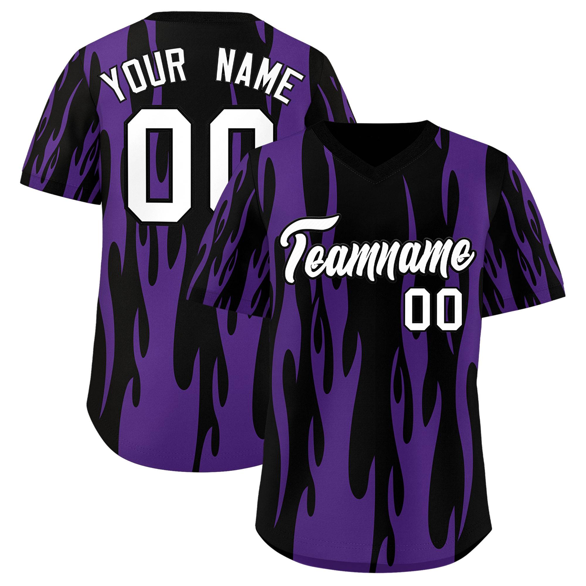 Custom Black Purple Flame Pattern Authentic Pullover Baseball Jersey